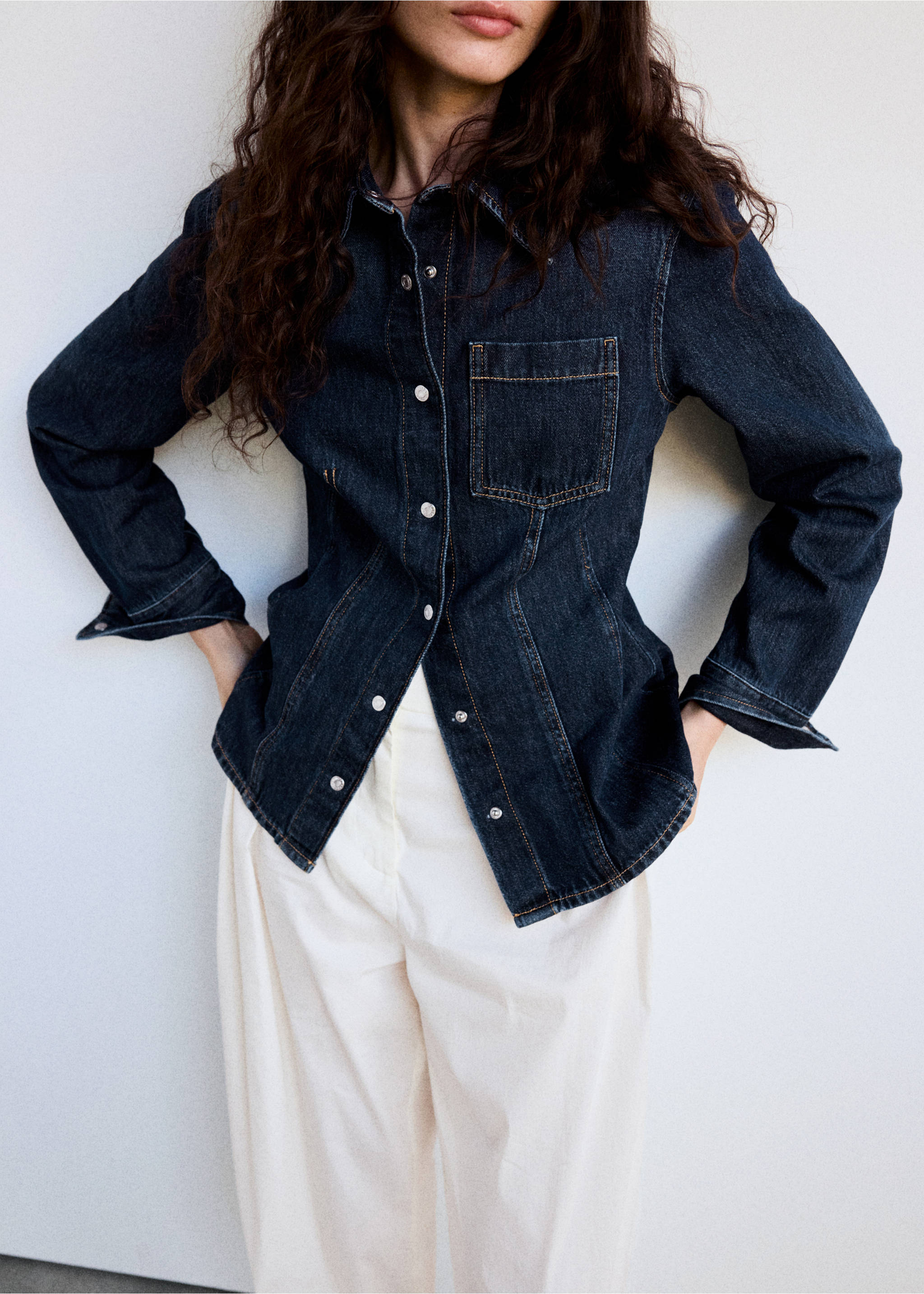 Cotton denim shirt with chest pocket - Medium plane, Dark Blue. Ref: 37045851-00.