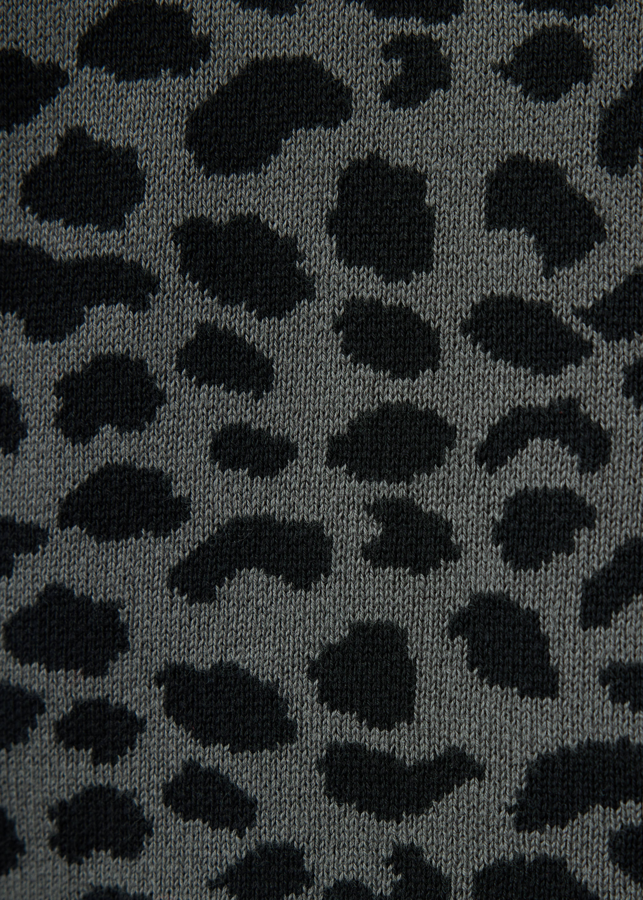 Close-up of the grey and black leopard print knit fabric of the cardigan.