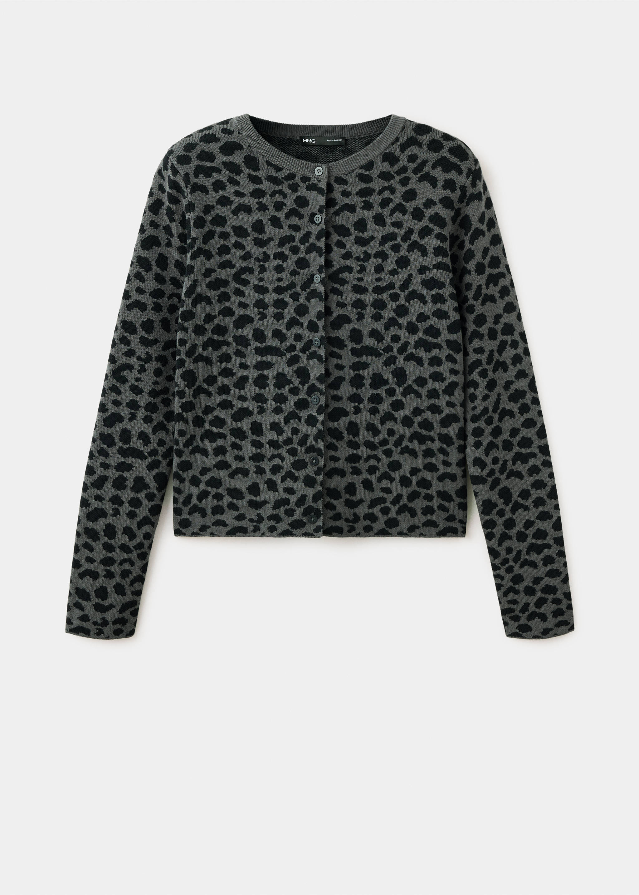 Grey and black leopard print cardigan with a round neckline and button fastening., Charcoal. Ref: 37045853-00.