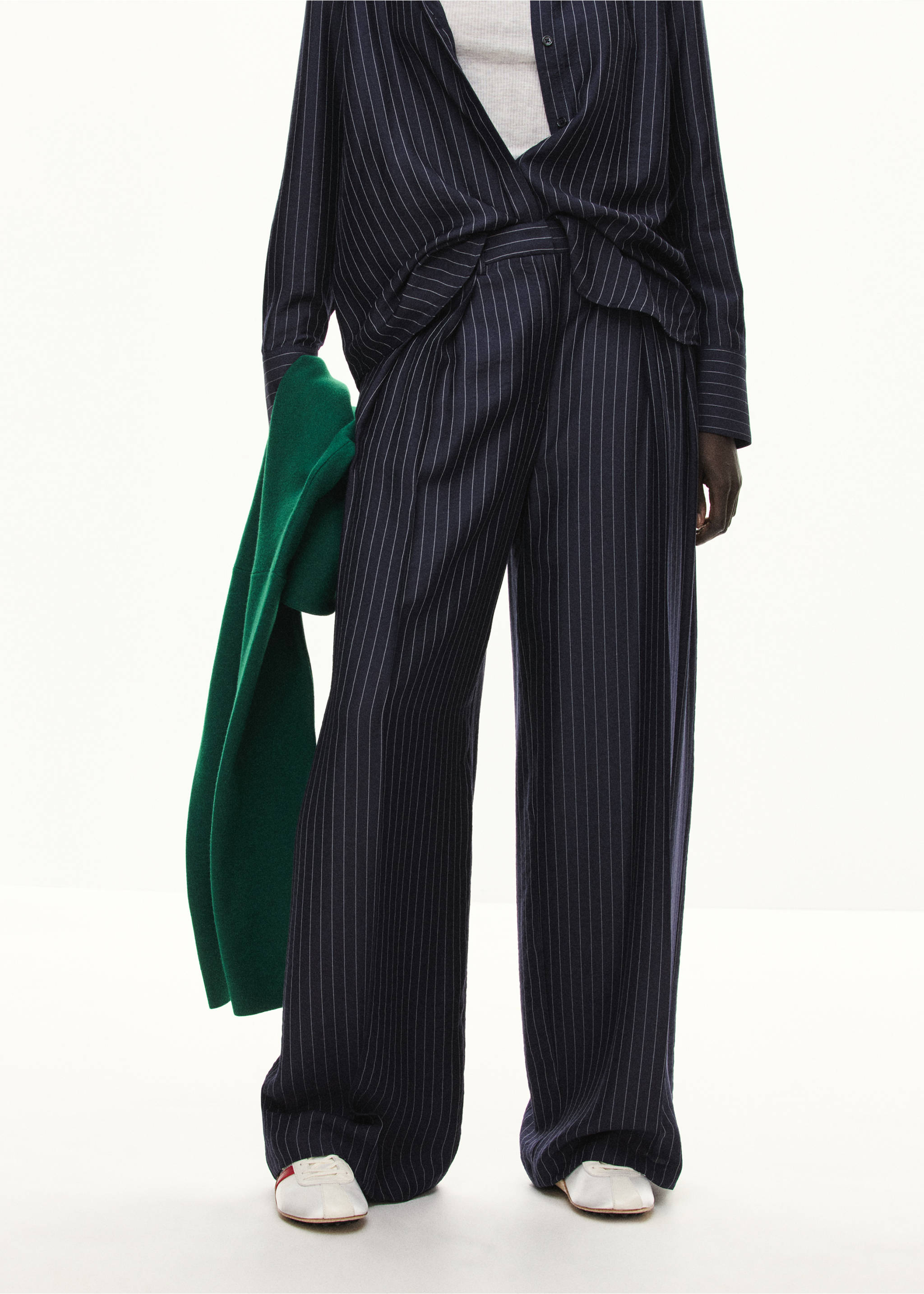 Pinstripe wide leg trousers - Medium plane, Navy. Ref: 37045854-00.