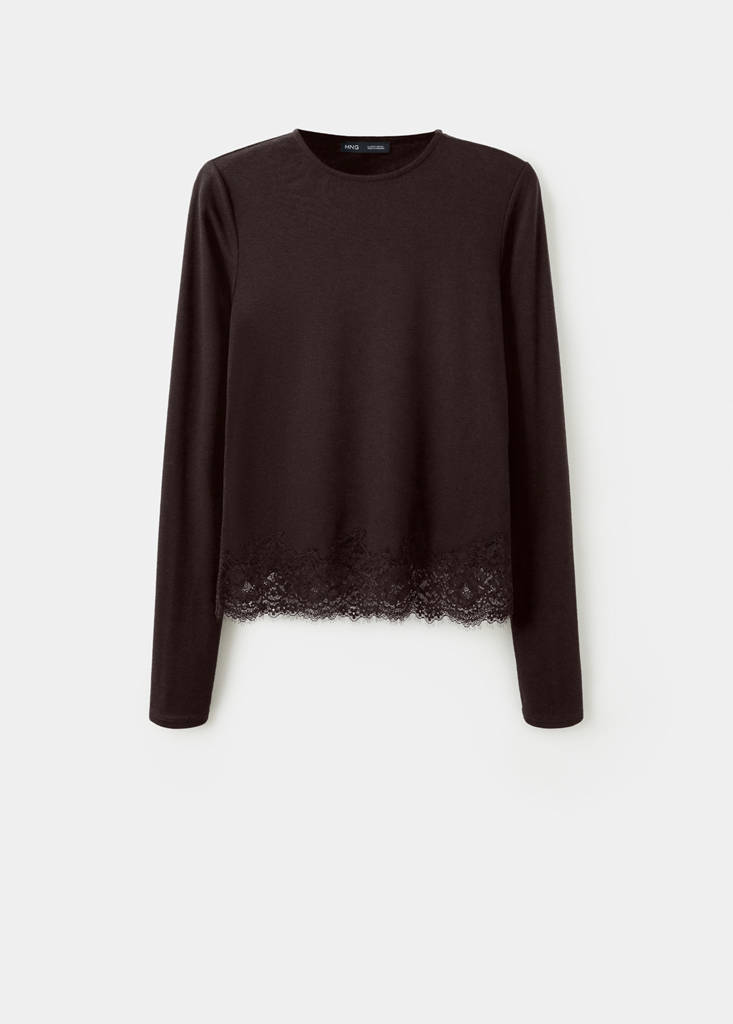 Fitted T-shirt with lace trim — Brown