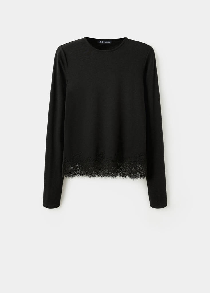 Fitted T-shirt with lace trim — Black