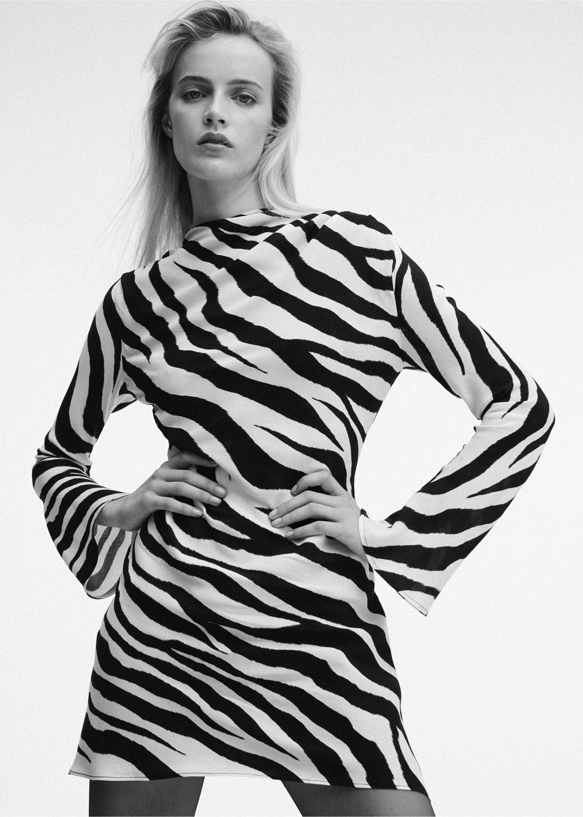 Zebra-print dress with flared sleeves - General plane, Black. Ref: 37045880-00.