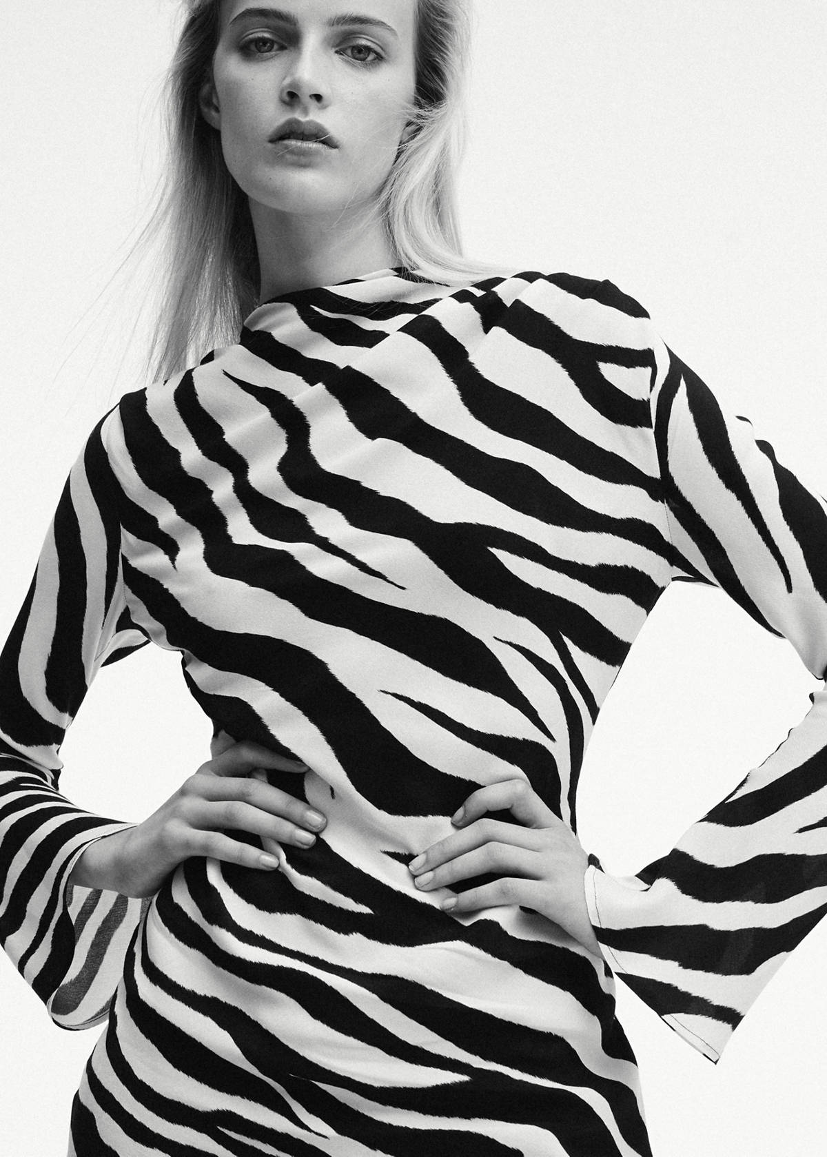 Zebra-print dress with flared sleeves — Black