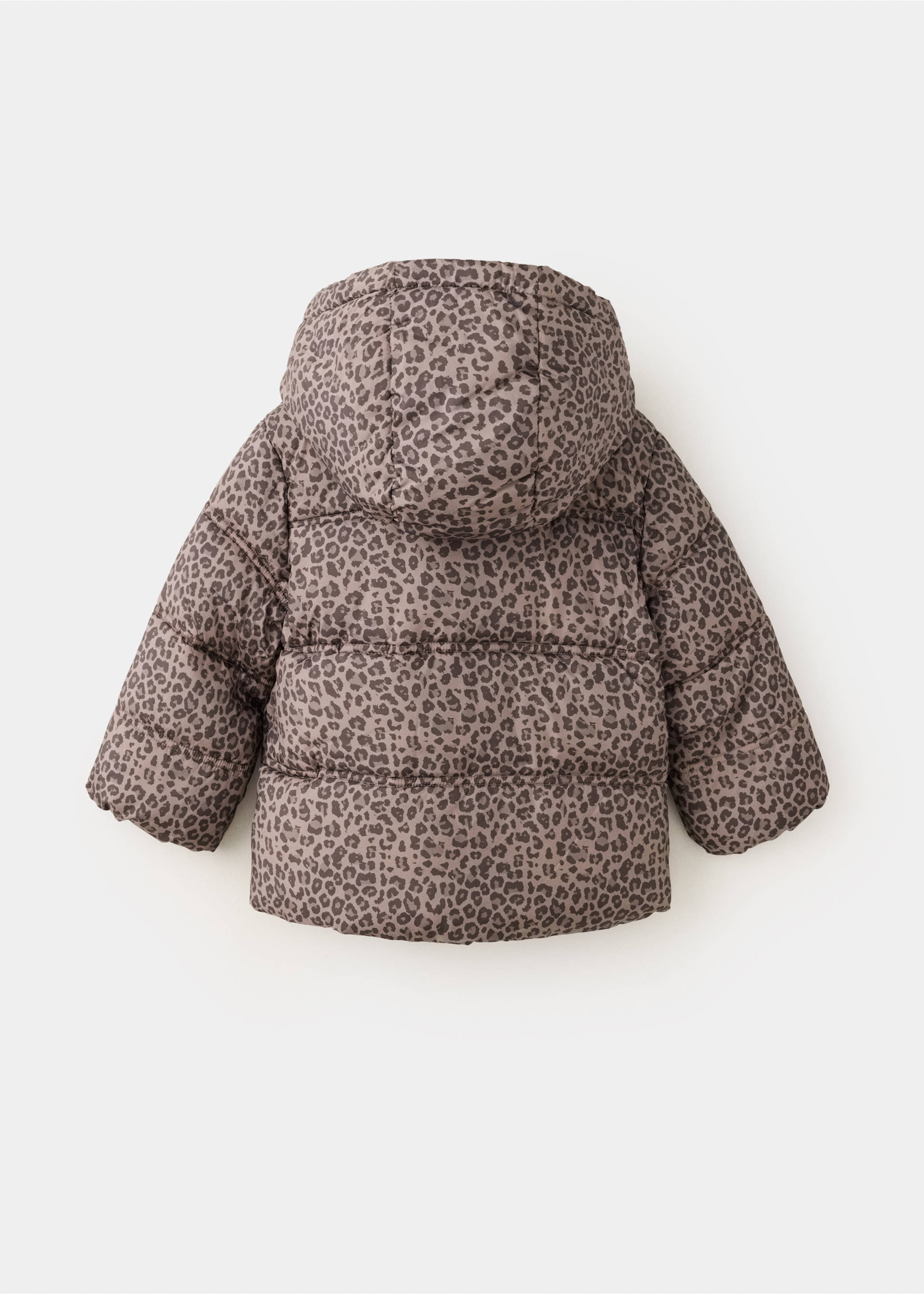 Back view of a kids' leopard print puffer anorak with a hood., Brown. Ref: 37045973-00.