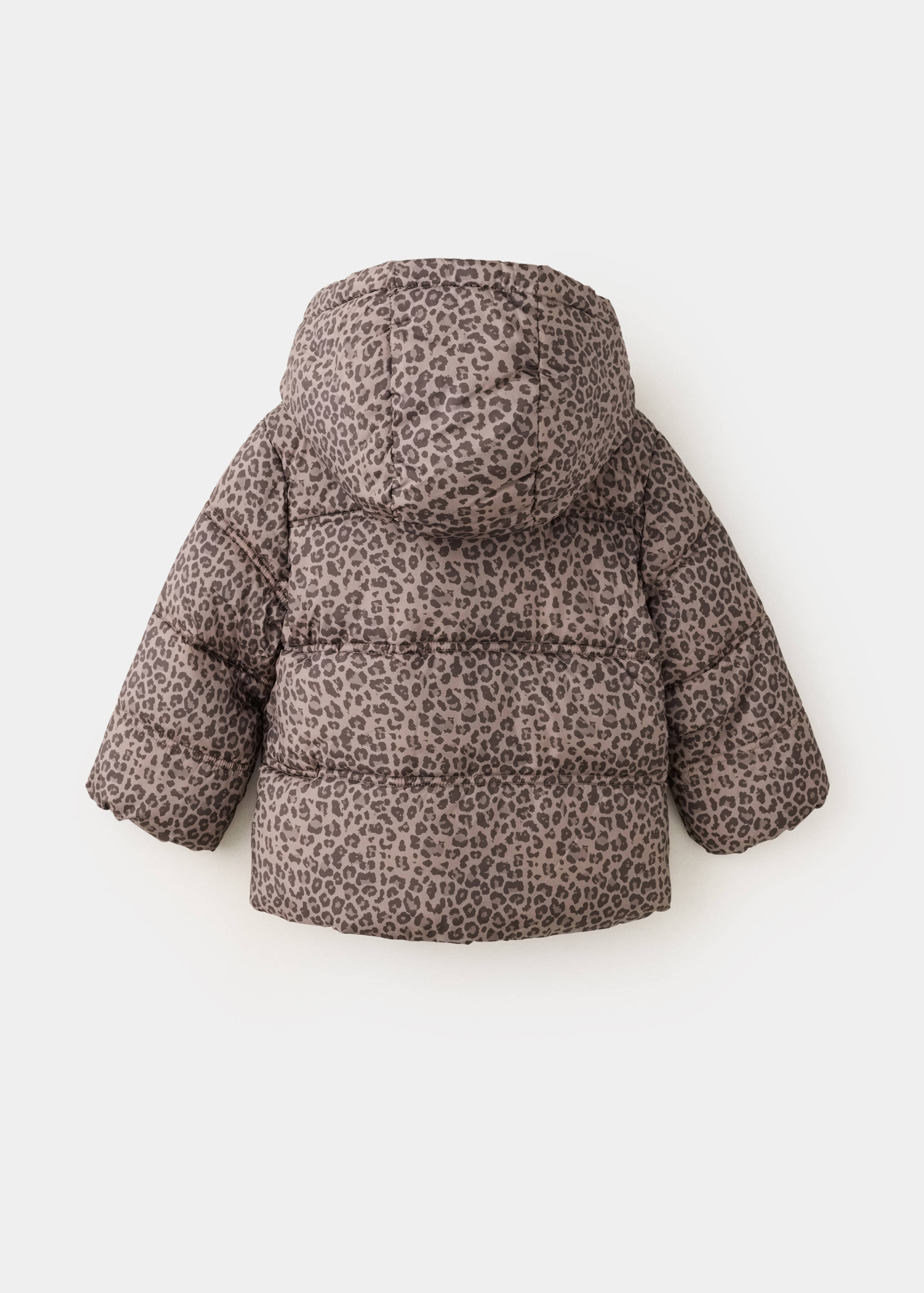 Back view of a kids' leopard print puffer anorak with a hood.