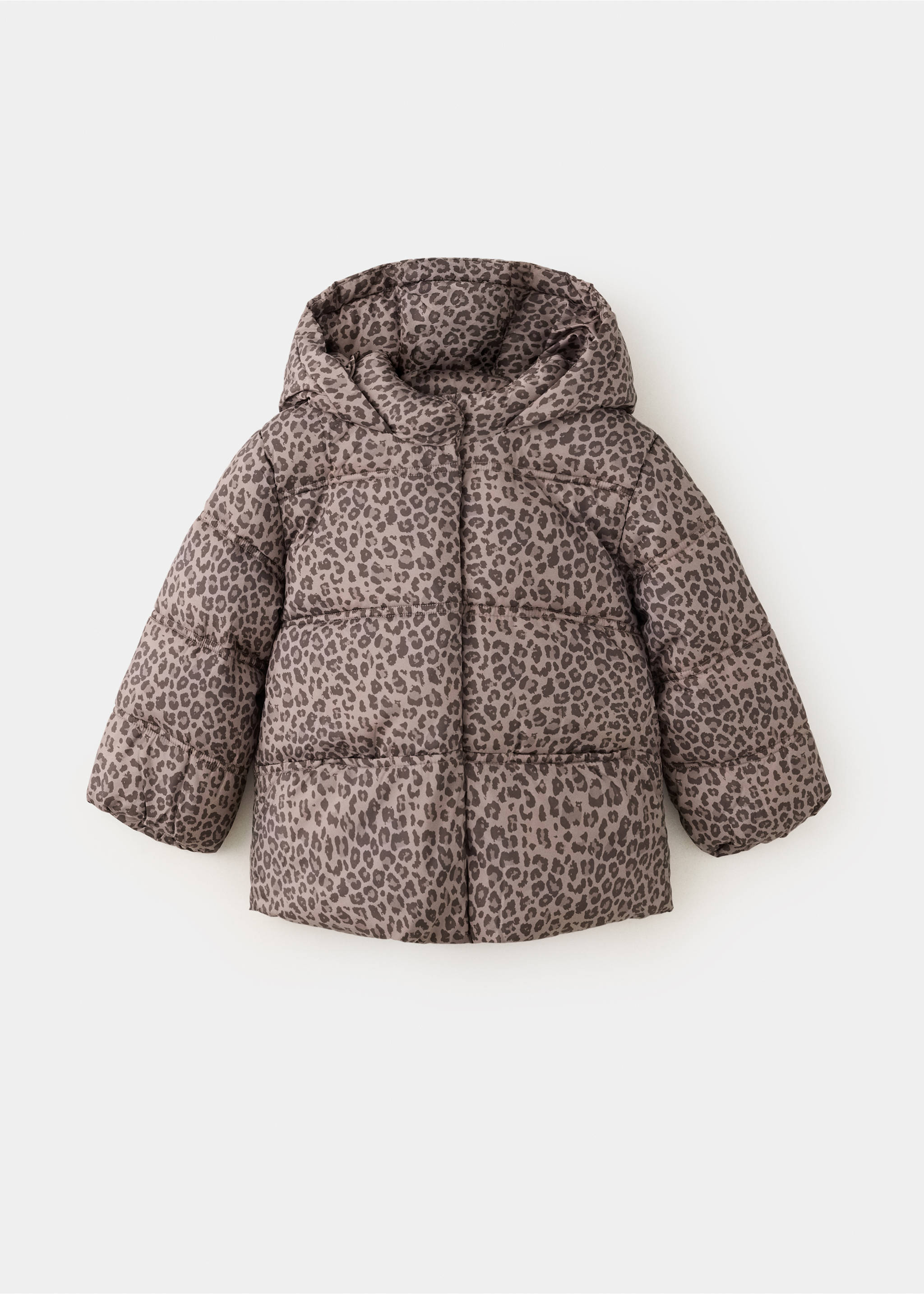 Kids' brown leopard print puffer anorak with a hooded design., Brown. Ref: 37045973-00.