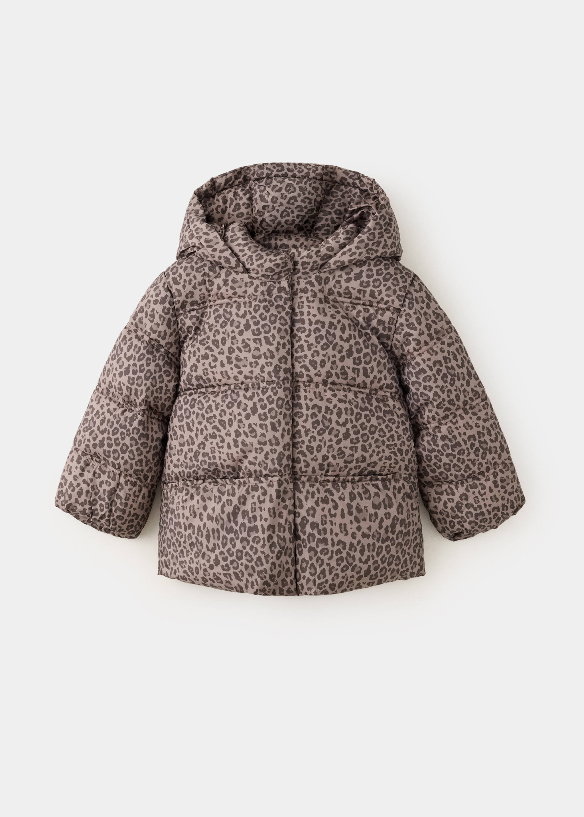 Kids' brown leopard print puffer anorak with a hooded design.