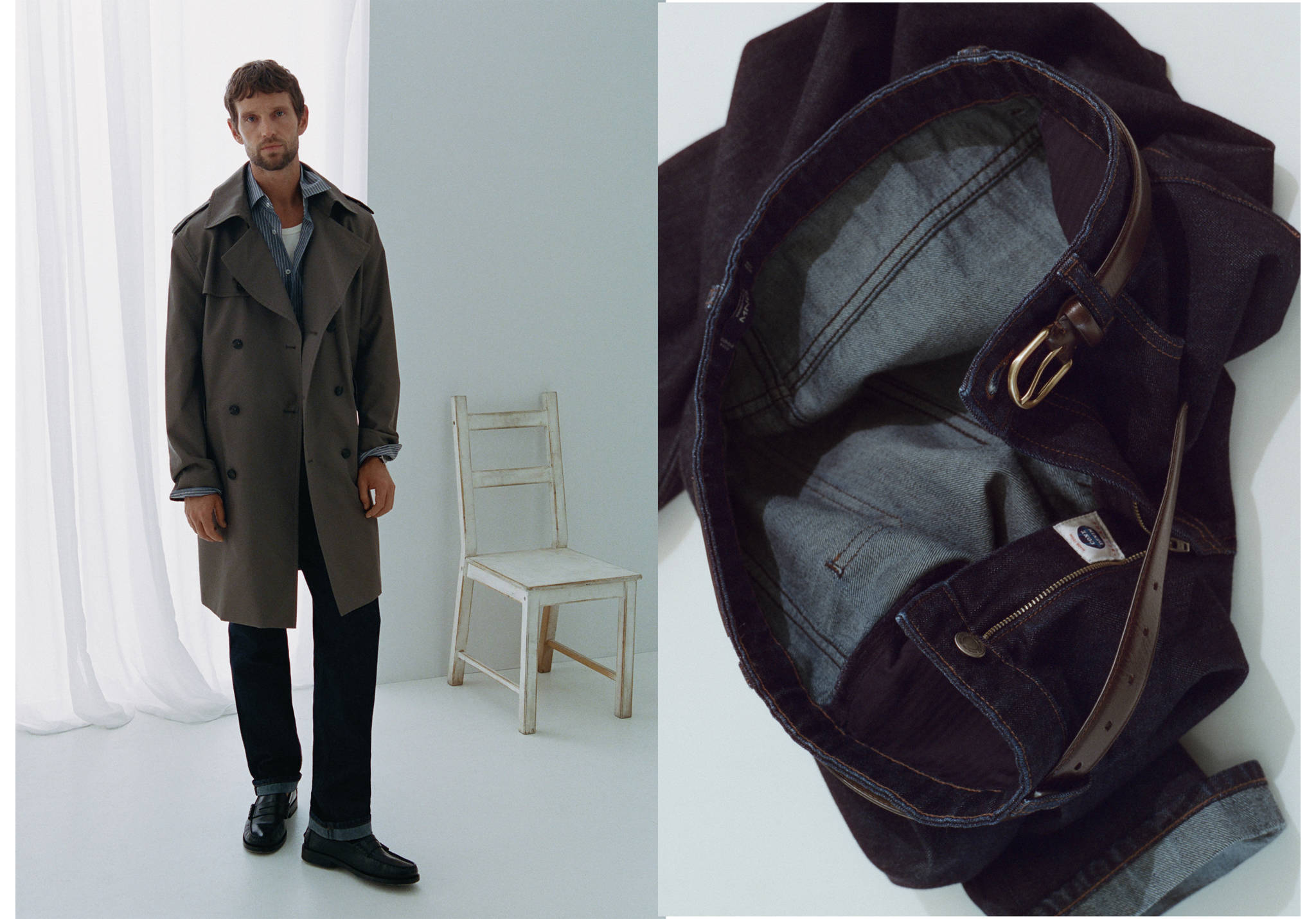 Dark denim trousers with a thin brown belt, shown in a full model view and a close-up still life.
