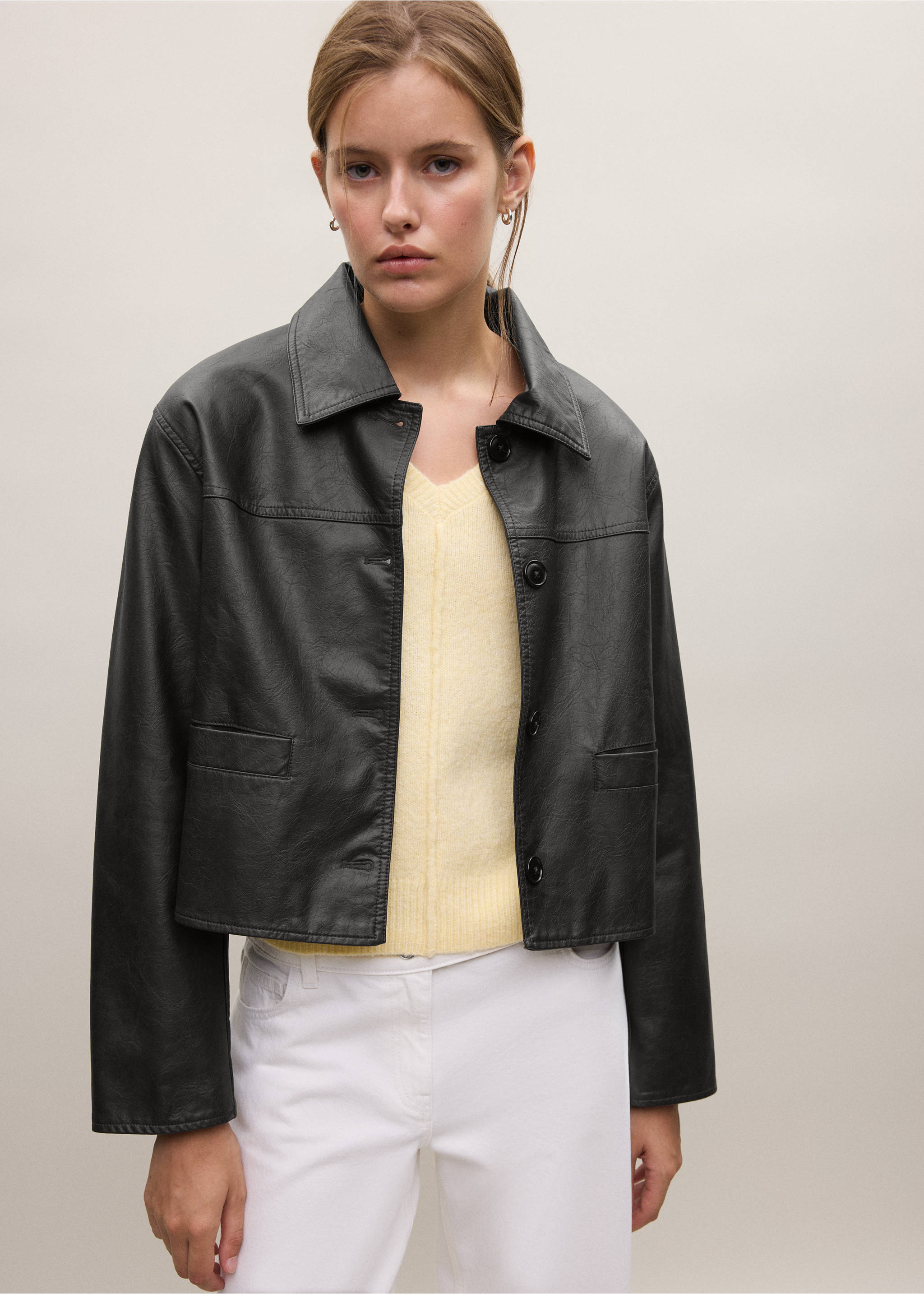 Veste similicuir boutons - Plan moyen, Marron. Ref: 37045978-00.