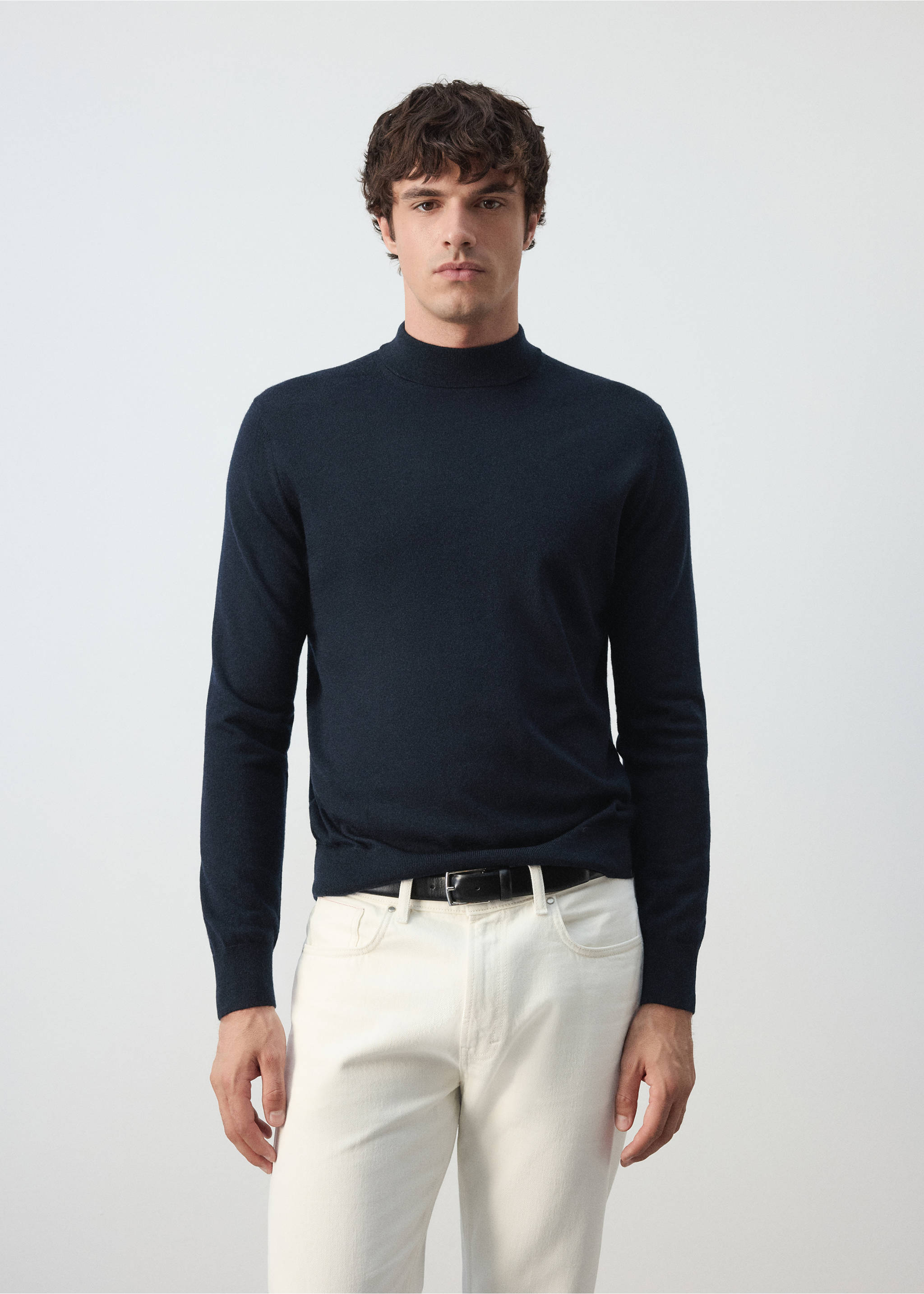 100% wool sweater with perkins neck - Medium plane, Navy. Ref: 37045981-00.