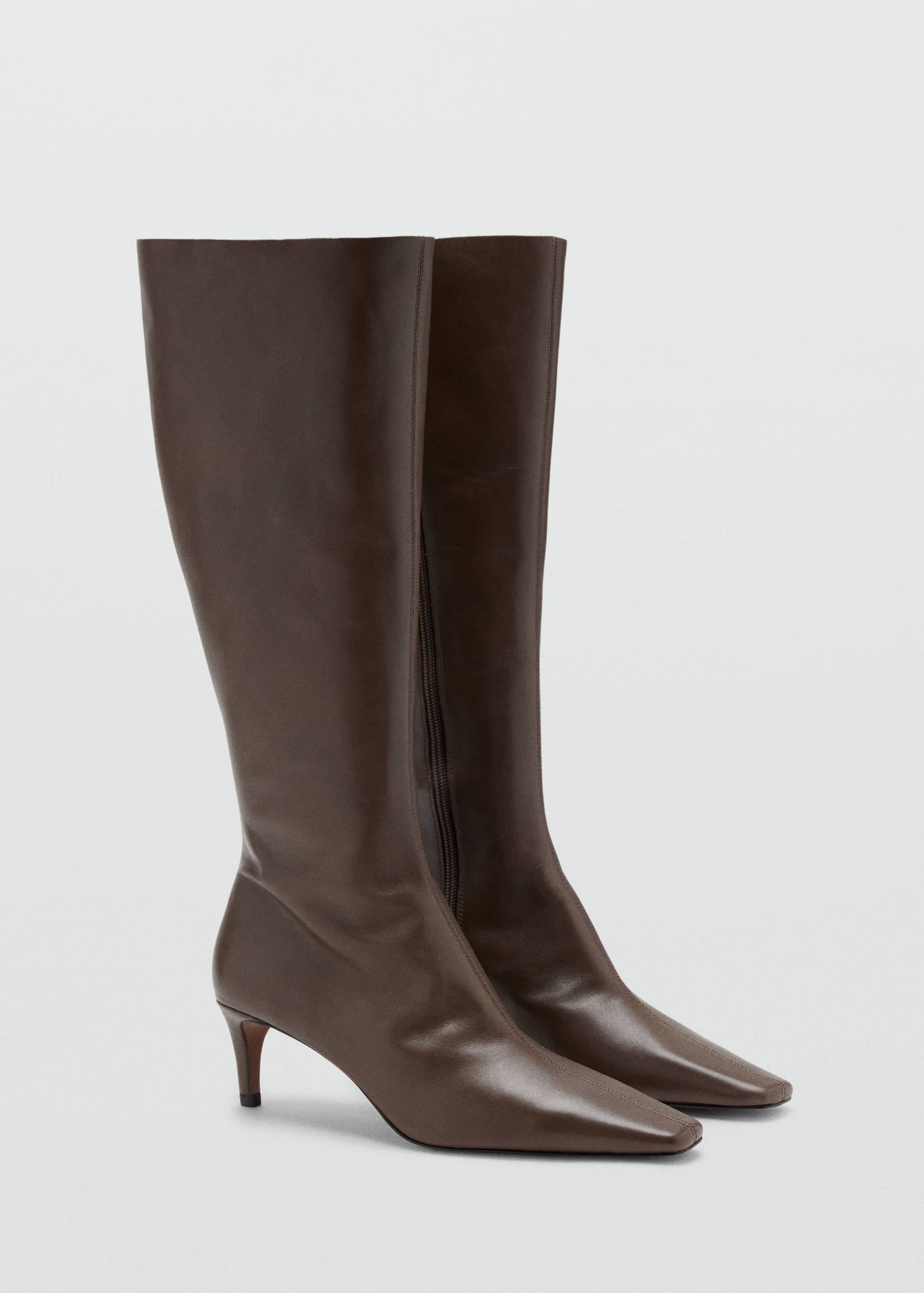 Dark brown leather knee-high boots with a square toe and stiletto heel.