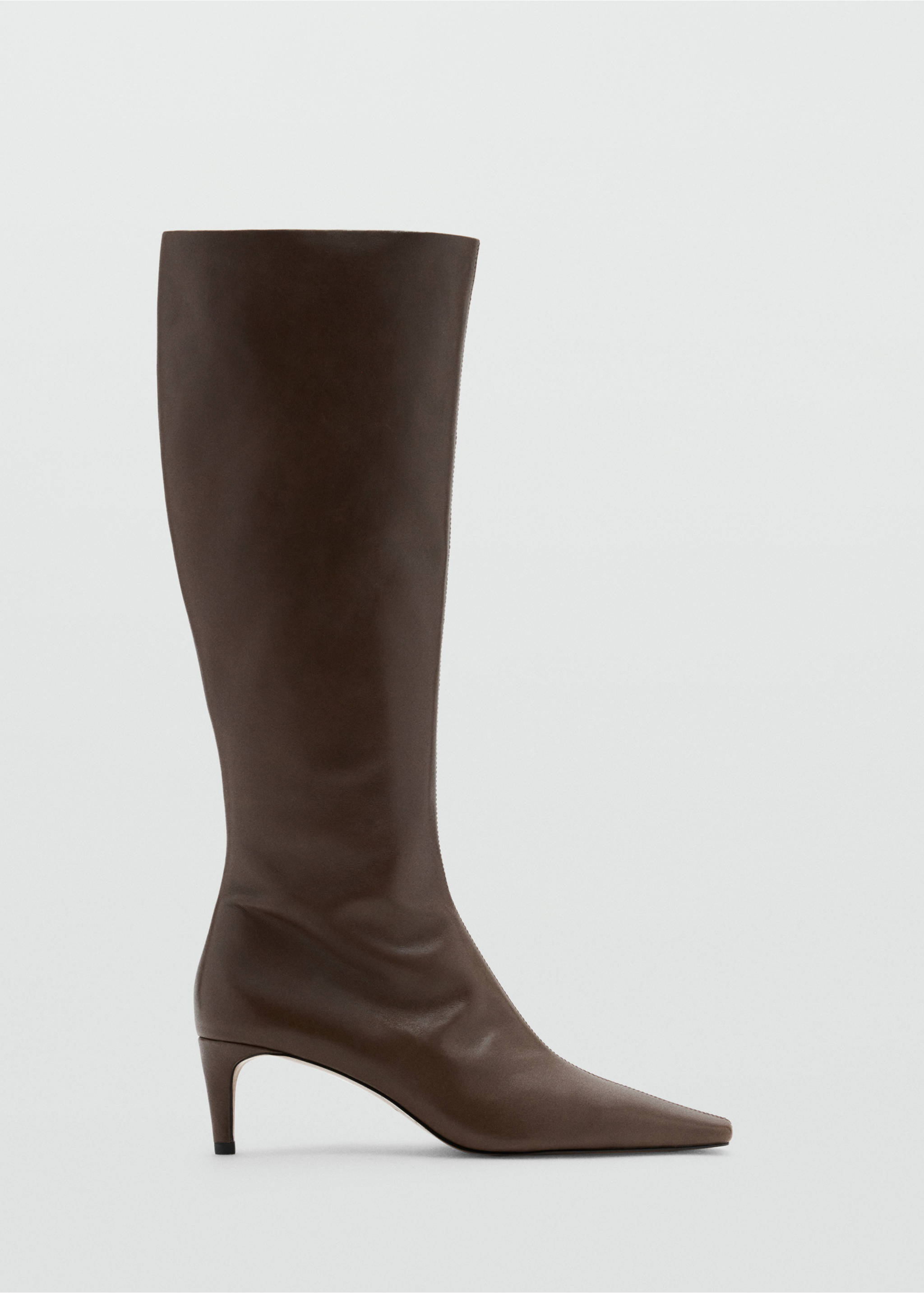 Dark brown knee-high boot with a squared toe and stiletto heel., Khaki. Ref: 37045987-00.