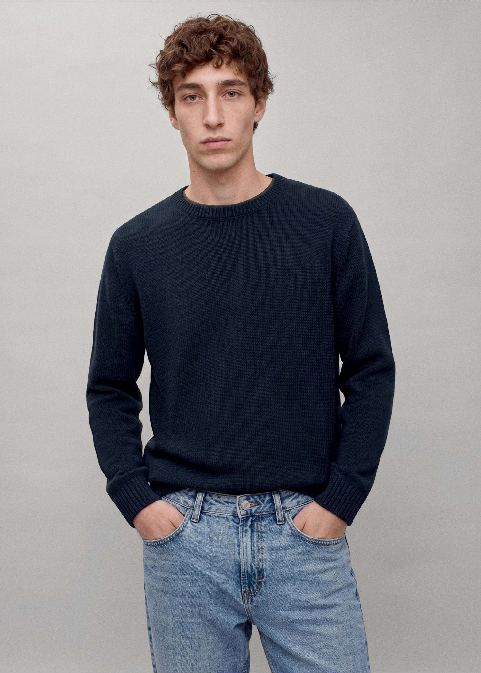 Basic chunky knit jumper - Medium plane, Navy. Ref: 37046002-00.