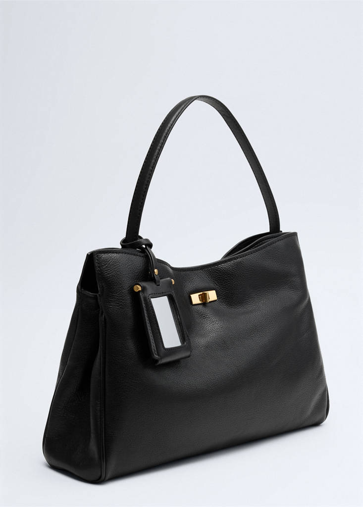 Shoulder bag, leather, charm, mirror — Black
