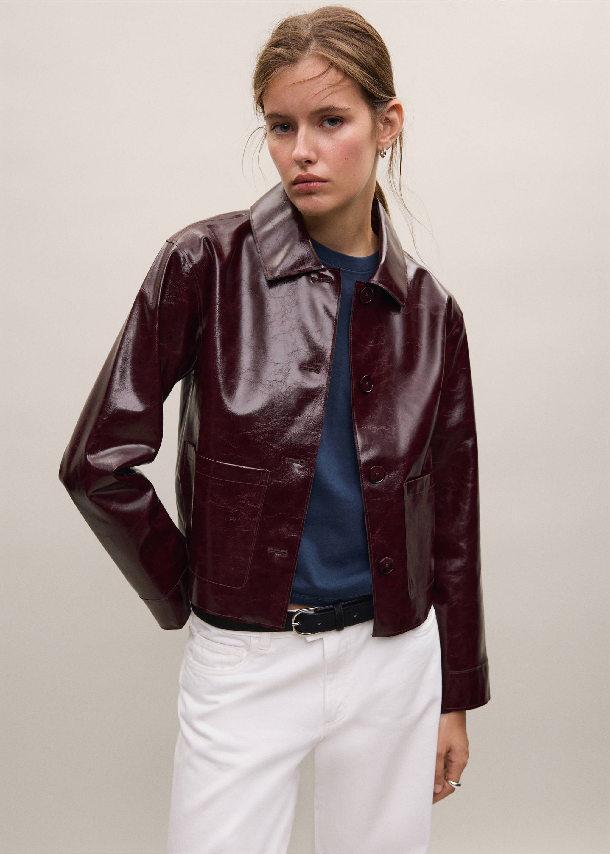 Faux-leather jacket with pockets - Medium plane, Burgundy. Ref: 37046322-01.