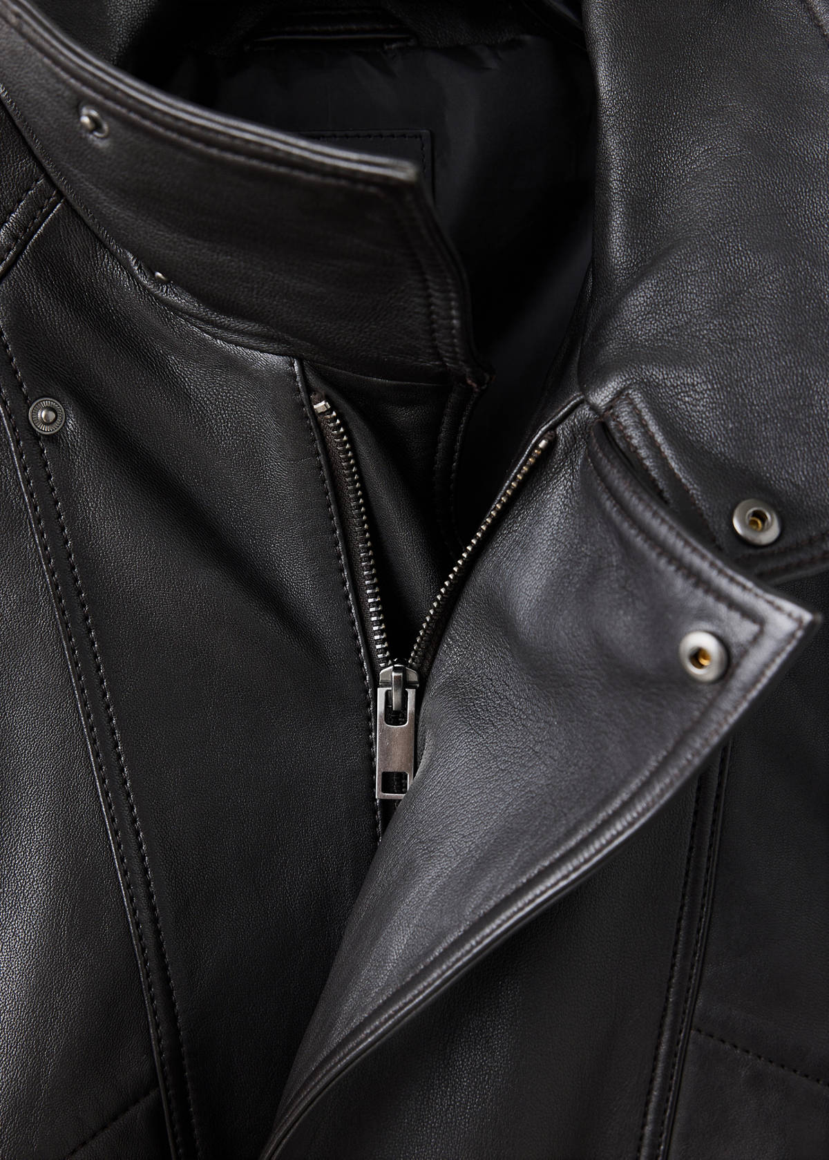 Oversized leather jacket with funnel neck — Chocolate