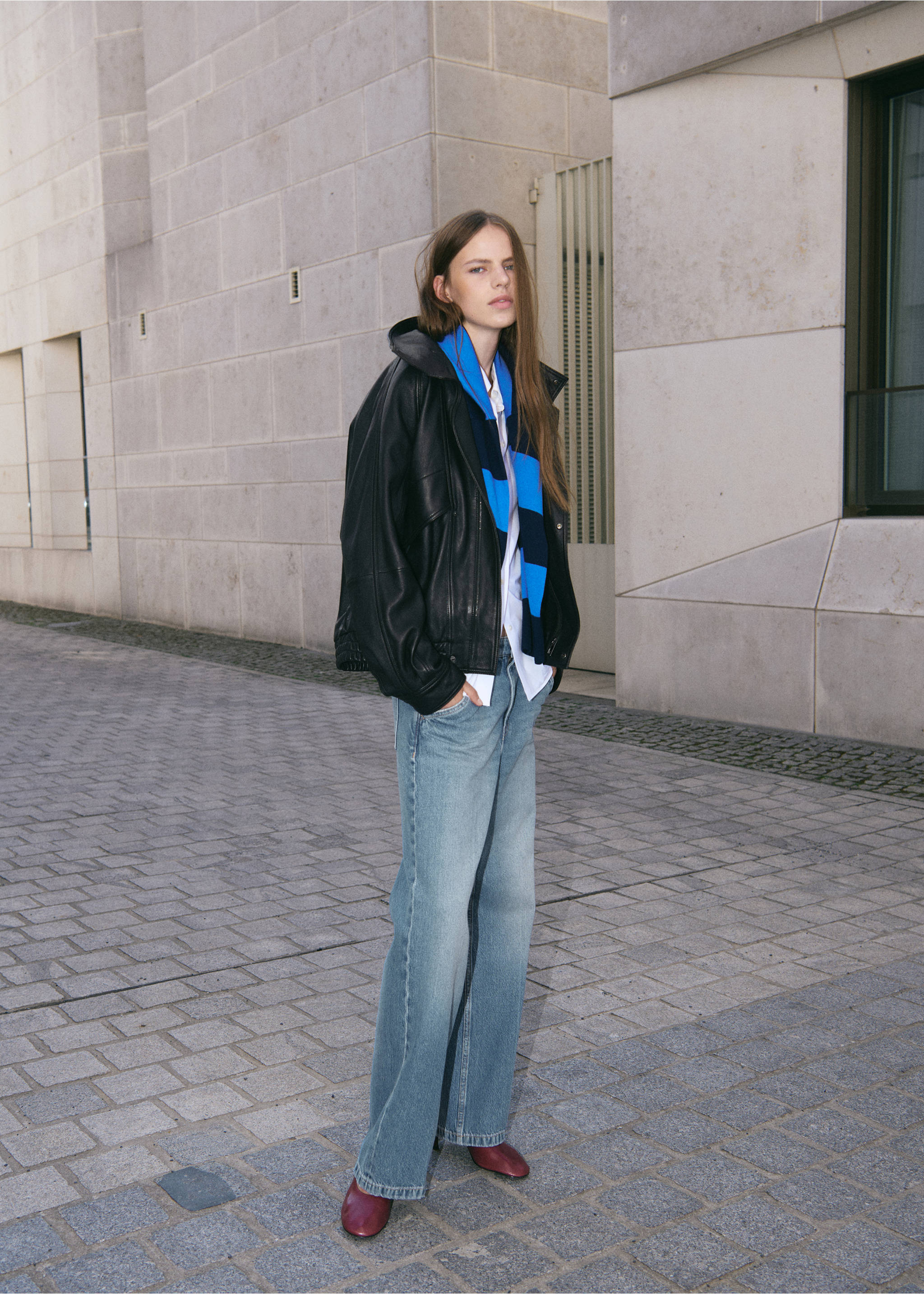 Oversized leather jacket with funnel neck - General plane, Chocolate. Ref: 37046328-01.