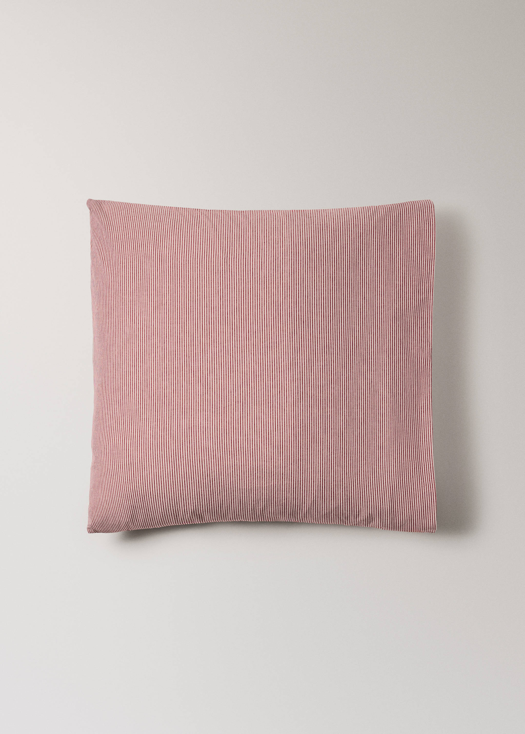 Square pillowcase with a fine red and white pinstripe pattern.