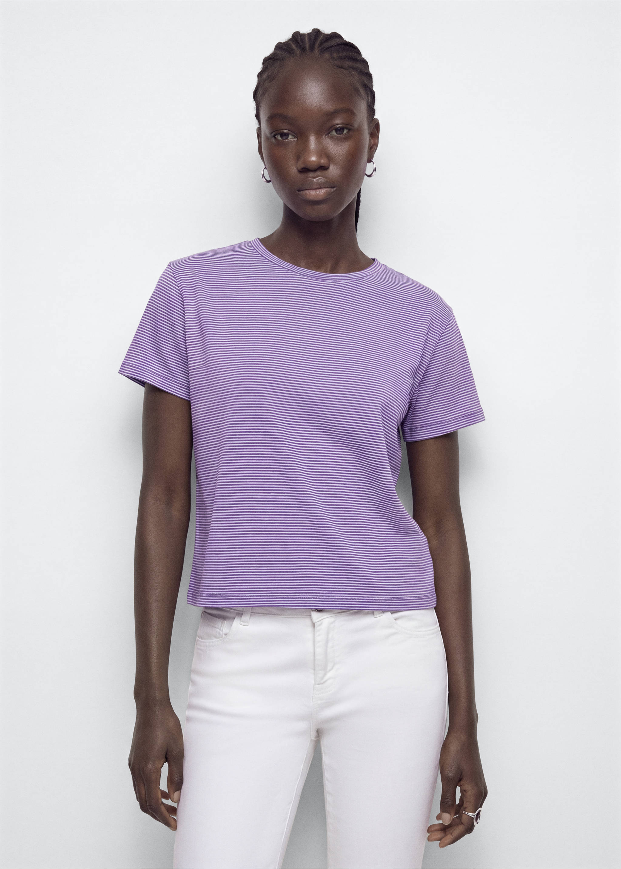Fine-striped cotton T-shirt - Medium plane, Lilac. Ref: 37046352-00.