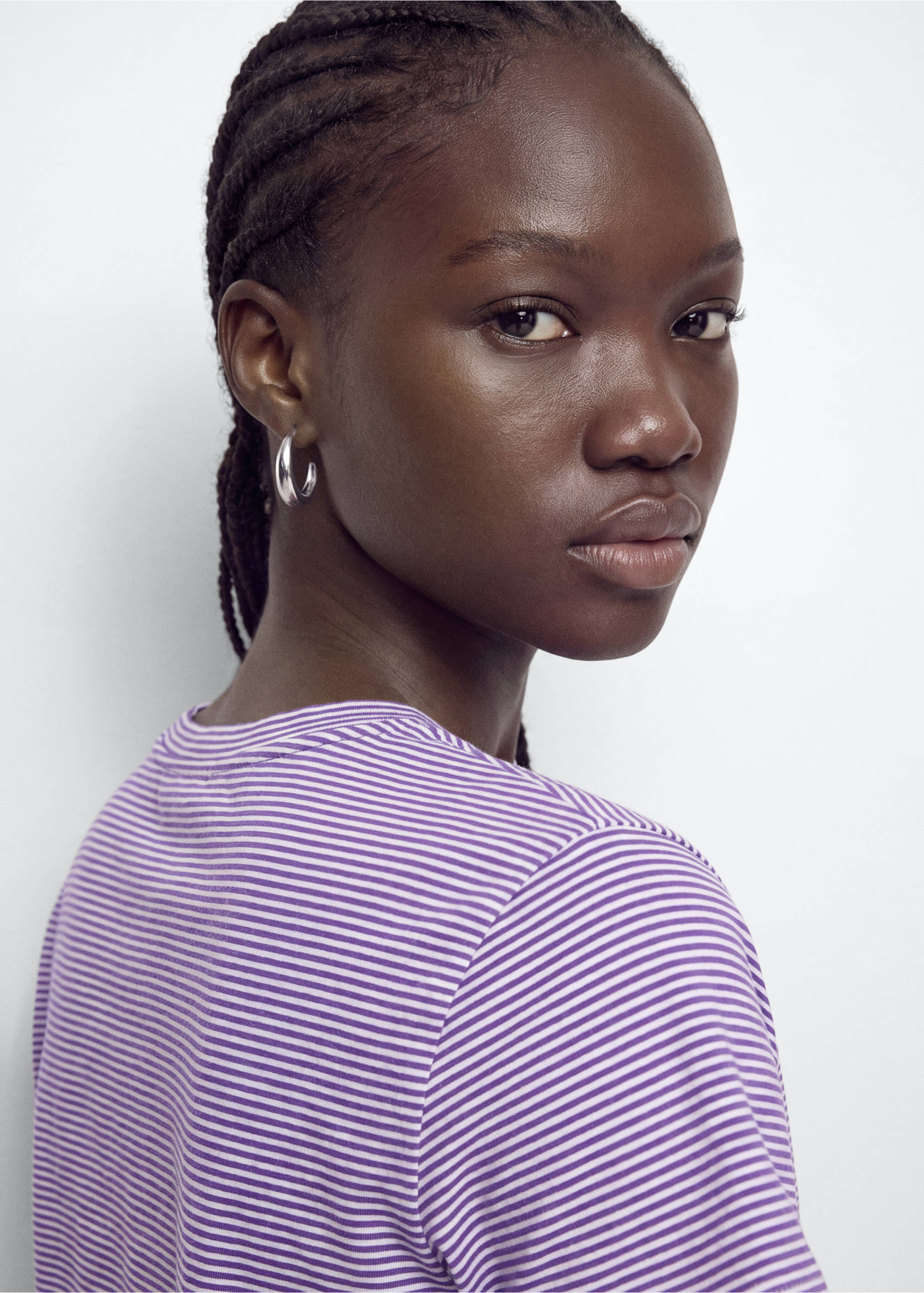 Fine-striped cotton T-shirt - Details of the article 1, Lilac. Ref: 37046352-00.