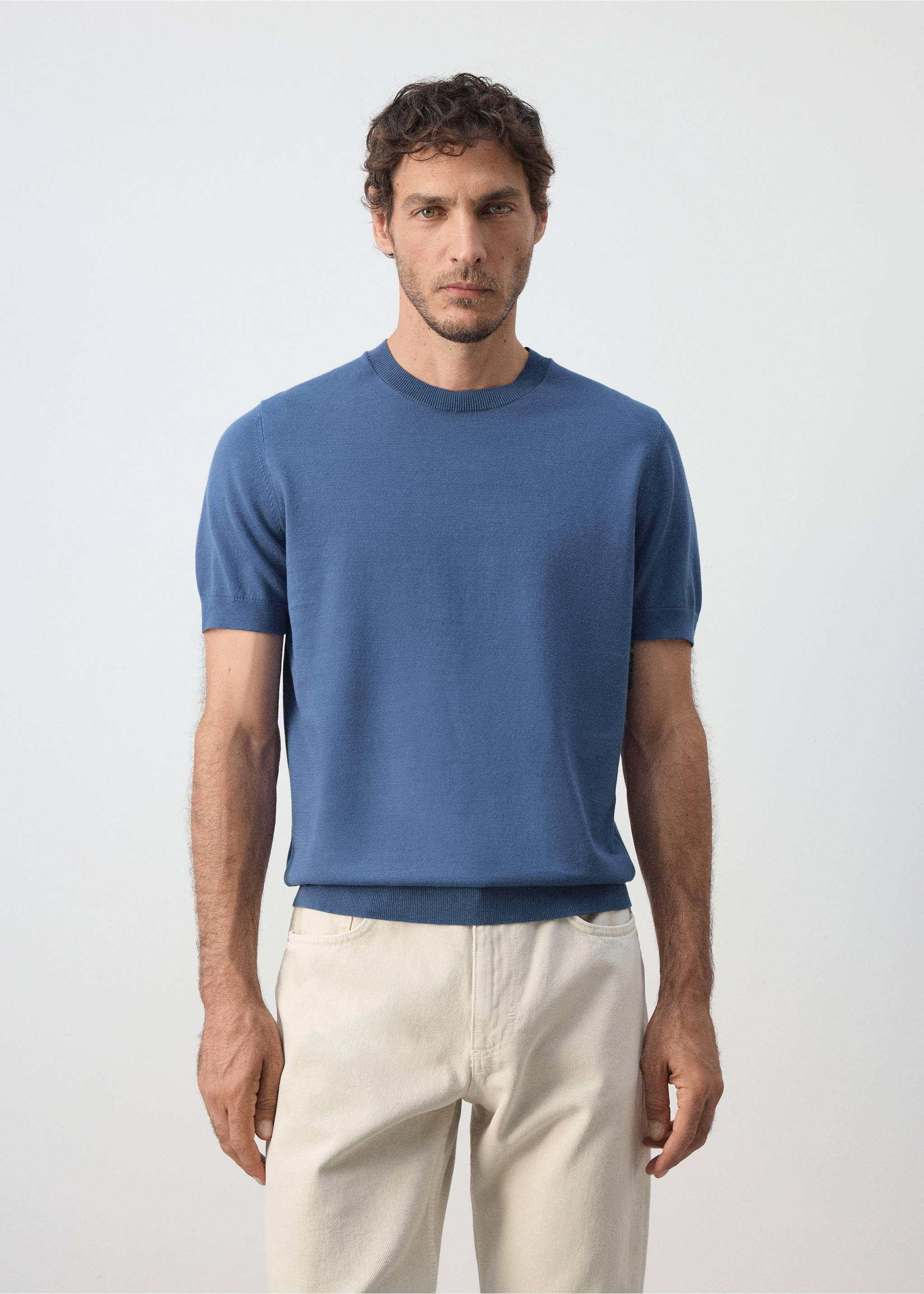 T-shirt 100 % coton en maille fine - Plan moyen, Bleu indigo. Ref: 37046357-00.