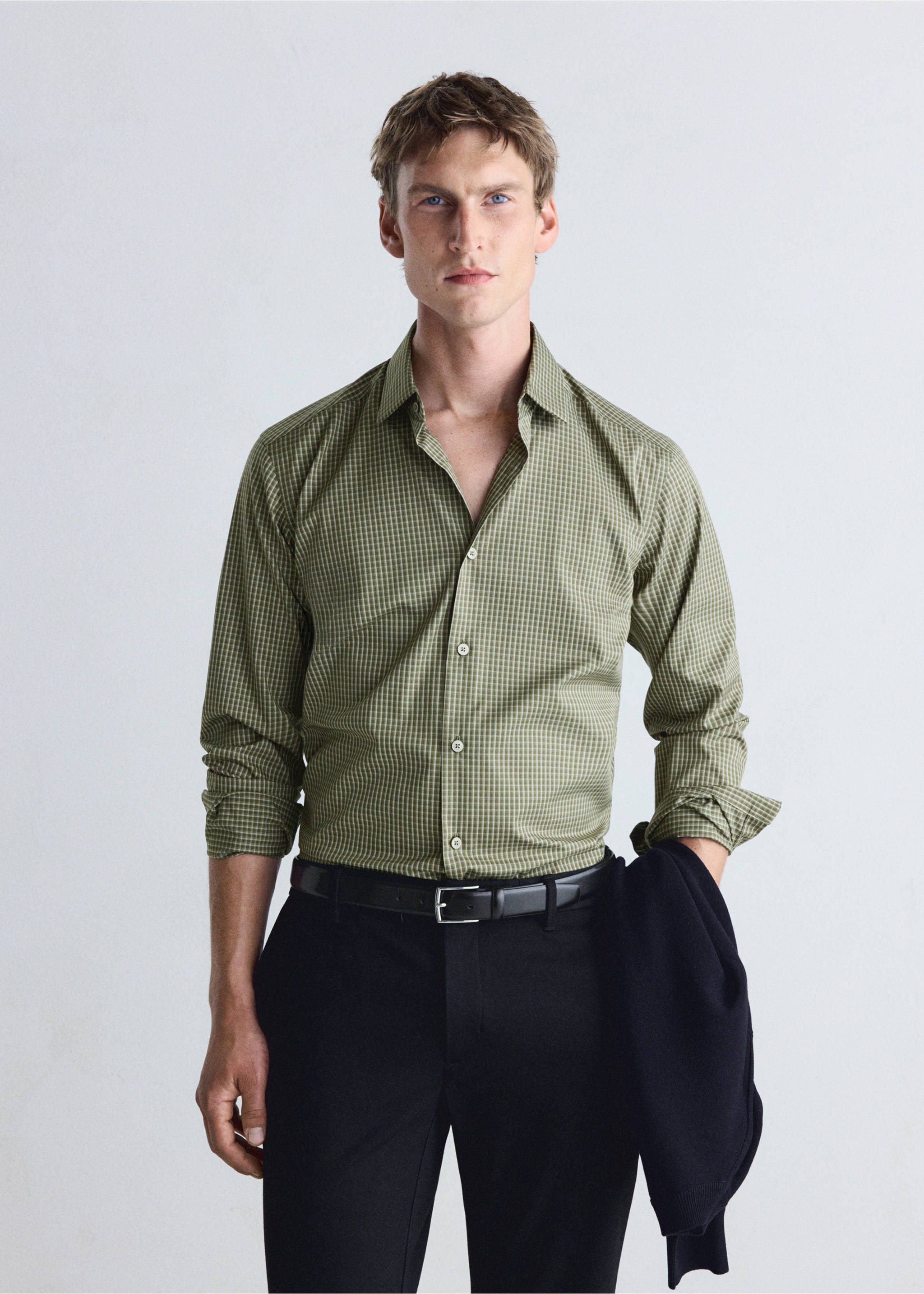 Slim fit striped cotton shirt - Medium plane, Khaki. Ref: 37046726-00.