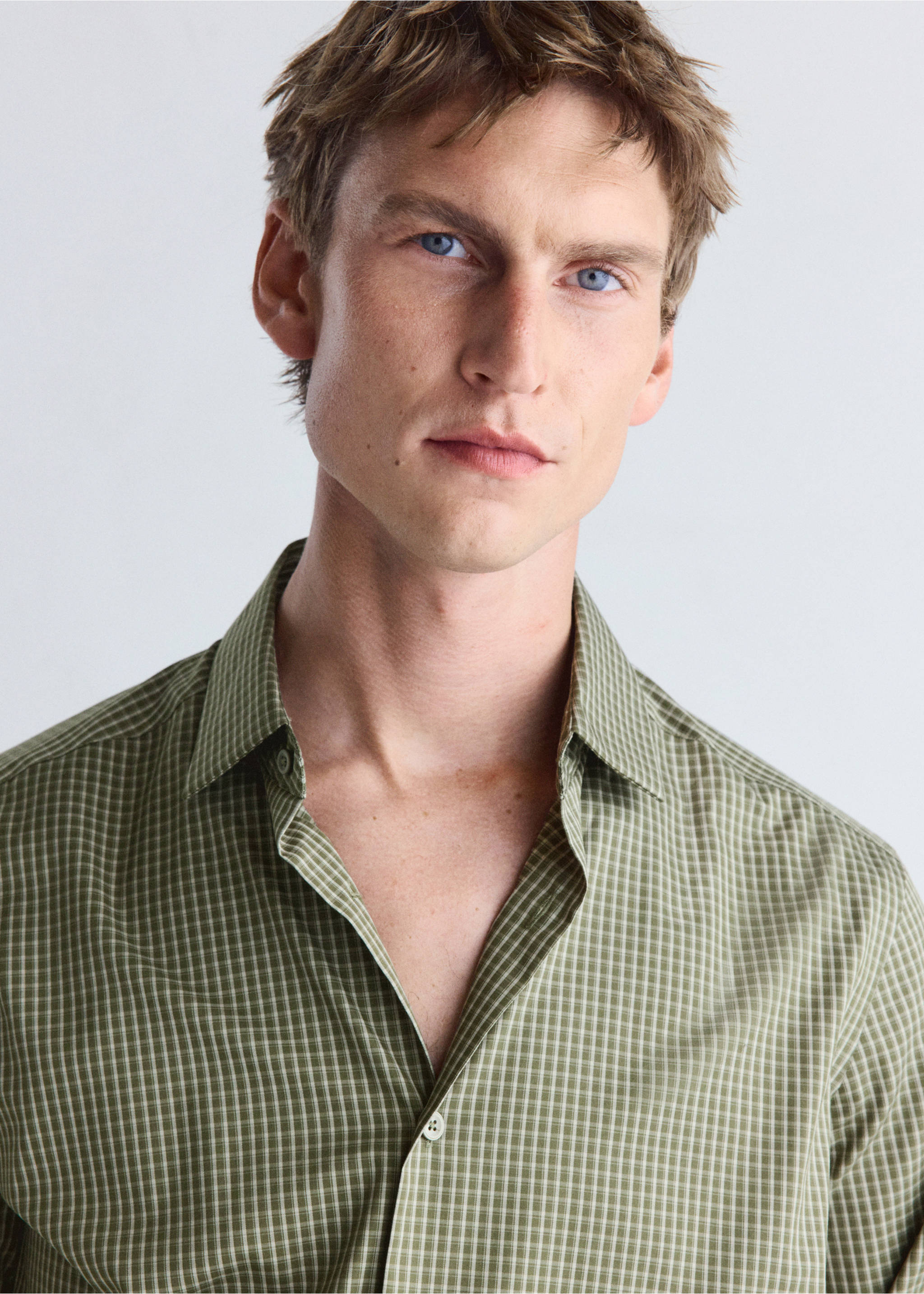 Slim fit striped cotton shirt - Details of the article 1, Khaki. Ref: 37046726-00.