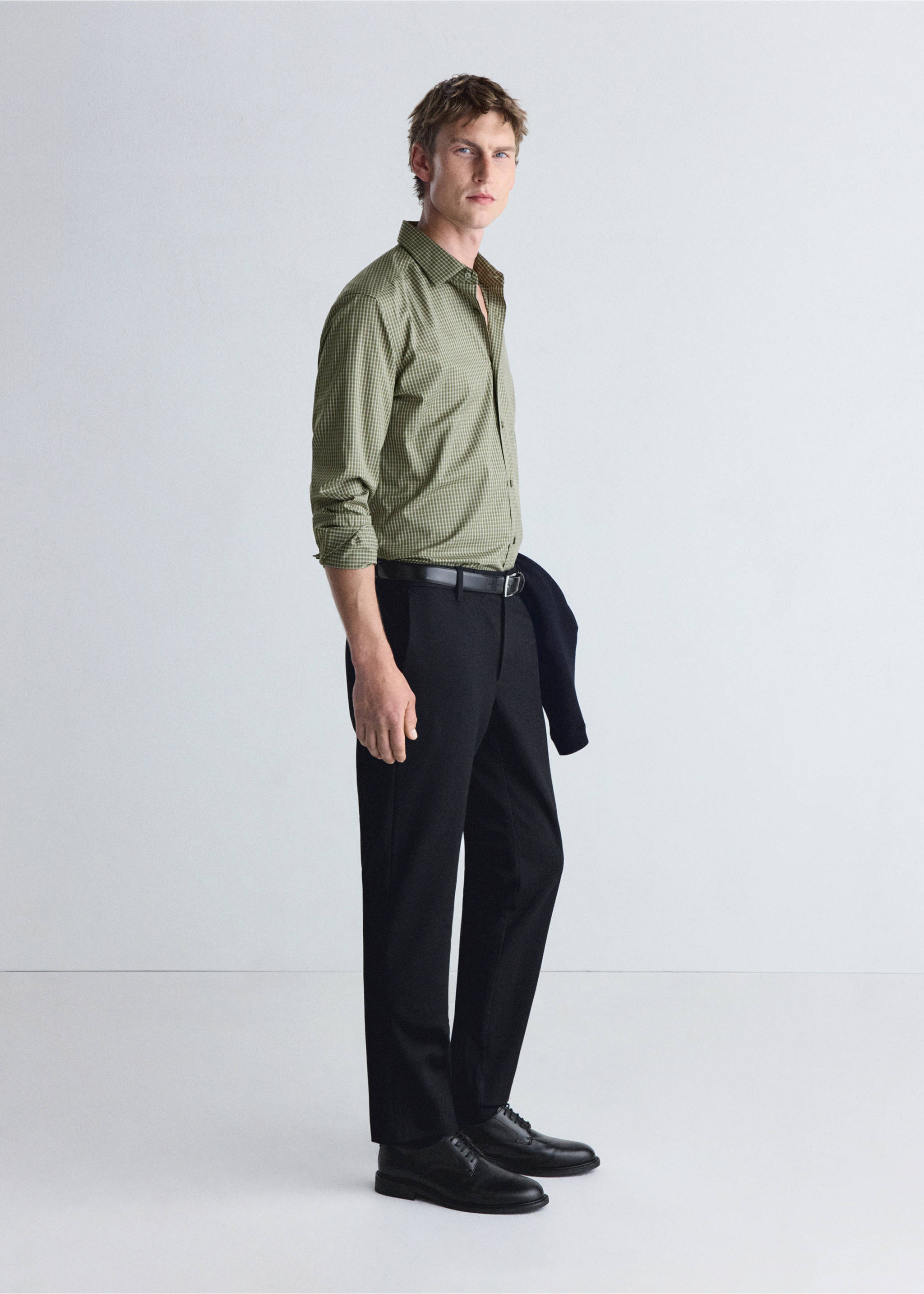 Slim fit striped cotton shirt - Details of the article 2, Khaki. Ref: 37046726-00.