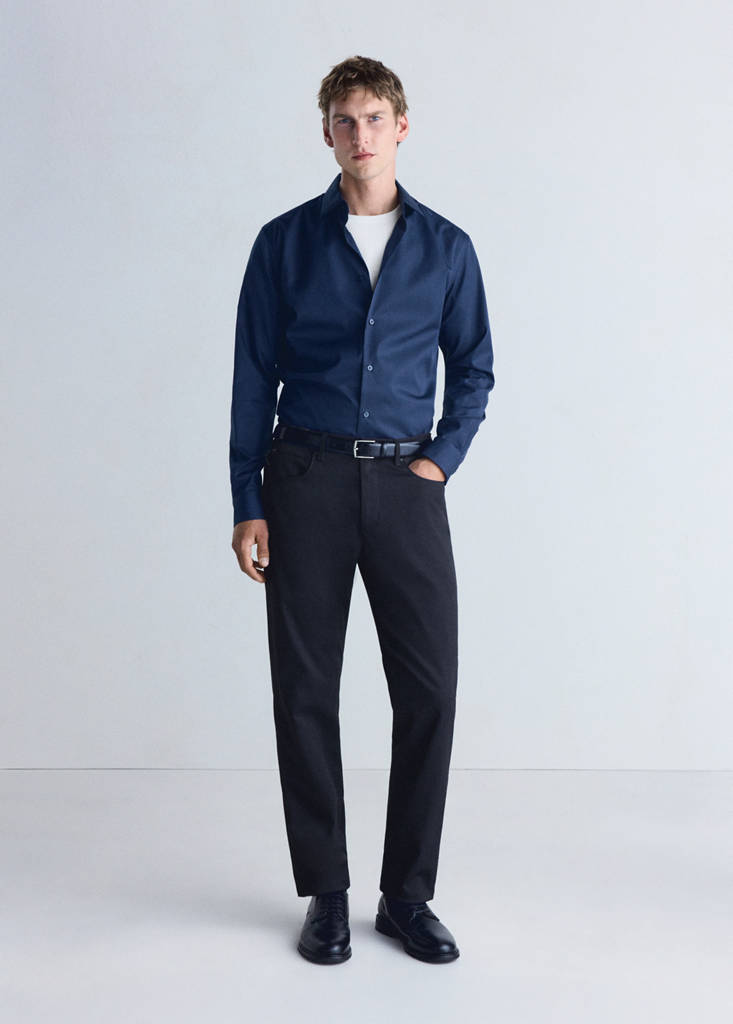 Slim fit striped shirt in comfort stretch non-iron — Ink Blue