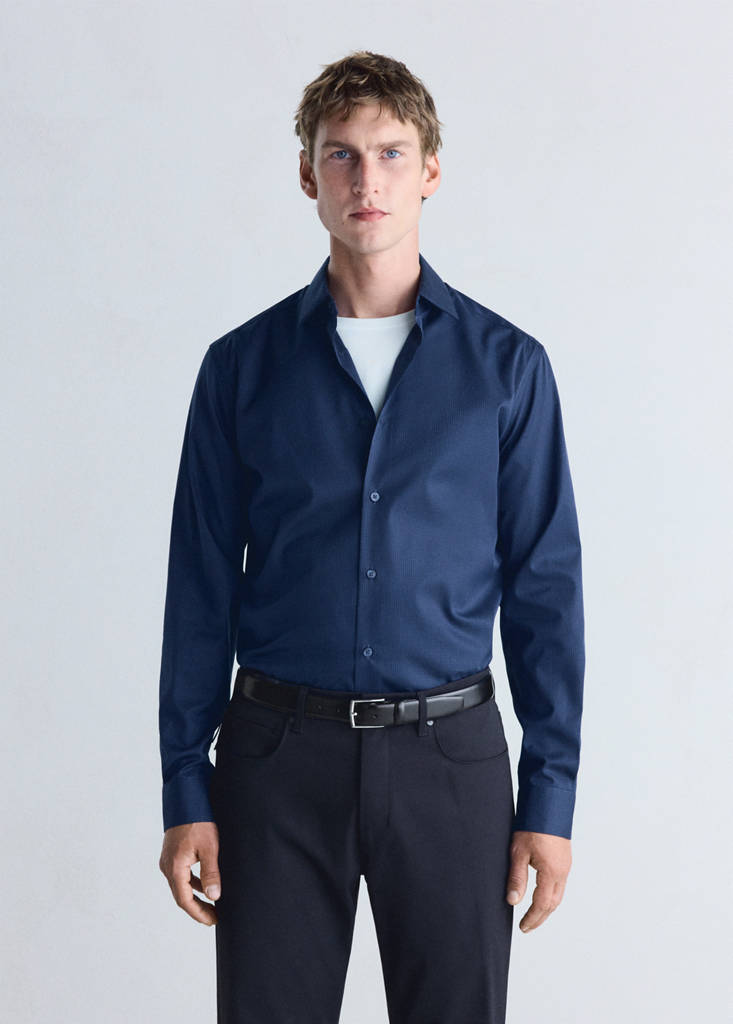 Slim fit striped shirt in comfort stretch non-iron — Ink Blue
