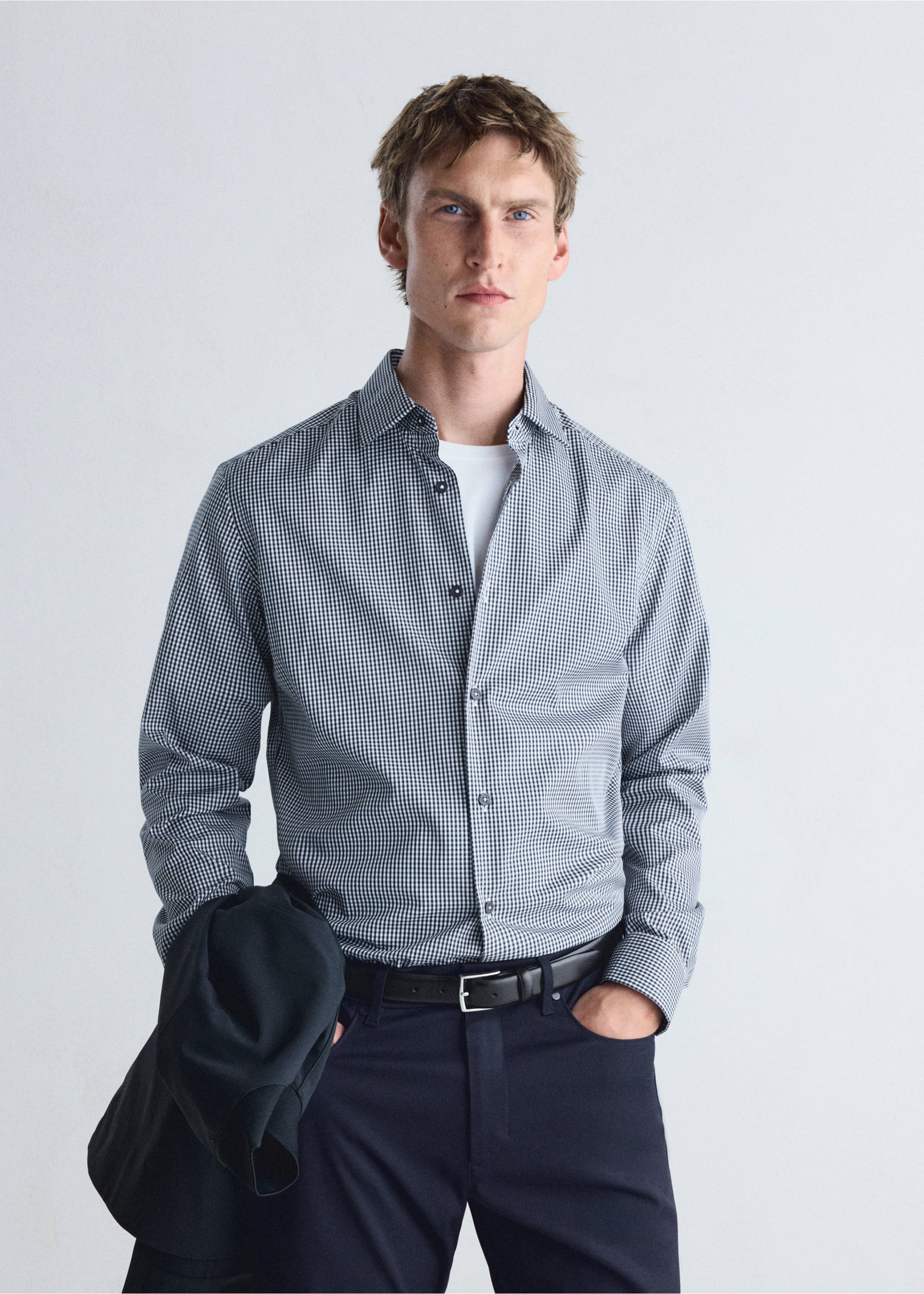 Slim fit striped cotton shirt - Medium plane, Night Blue. Ref: 37046726-00.