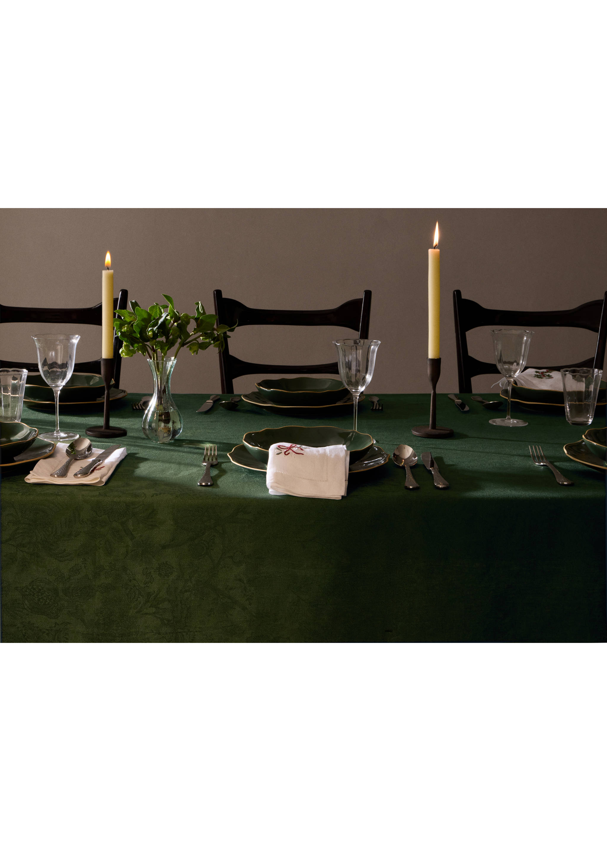 Leinentischdecke mit Jacquard-Blumenmuster für 6 bis 8 Personen - Allgemeine Ansicht, Grün. Ref: 37046731-00.