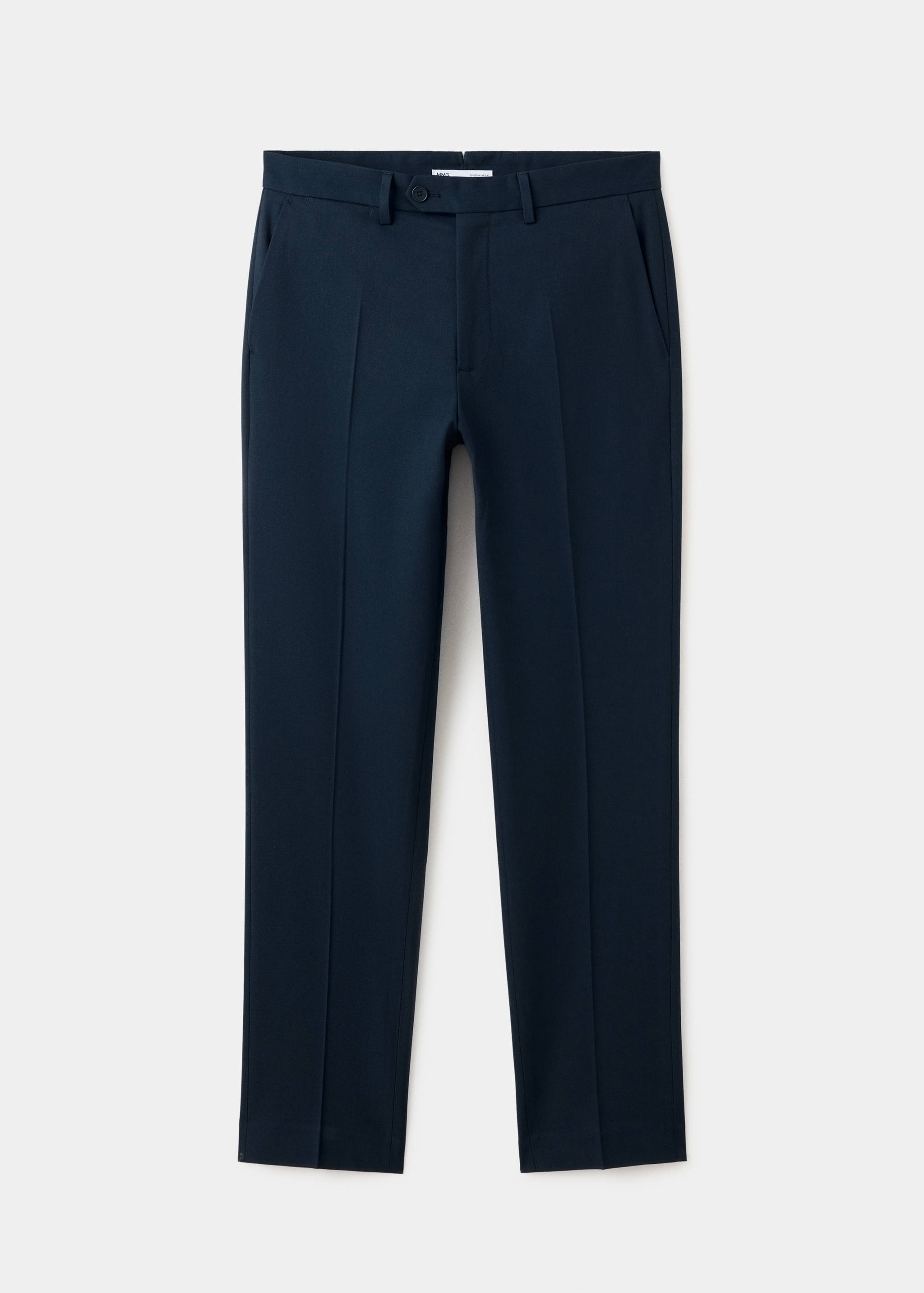 Navy blue teen trousers with a waistband, belt loops, and pressed leg creases.