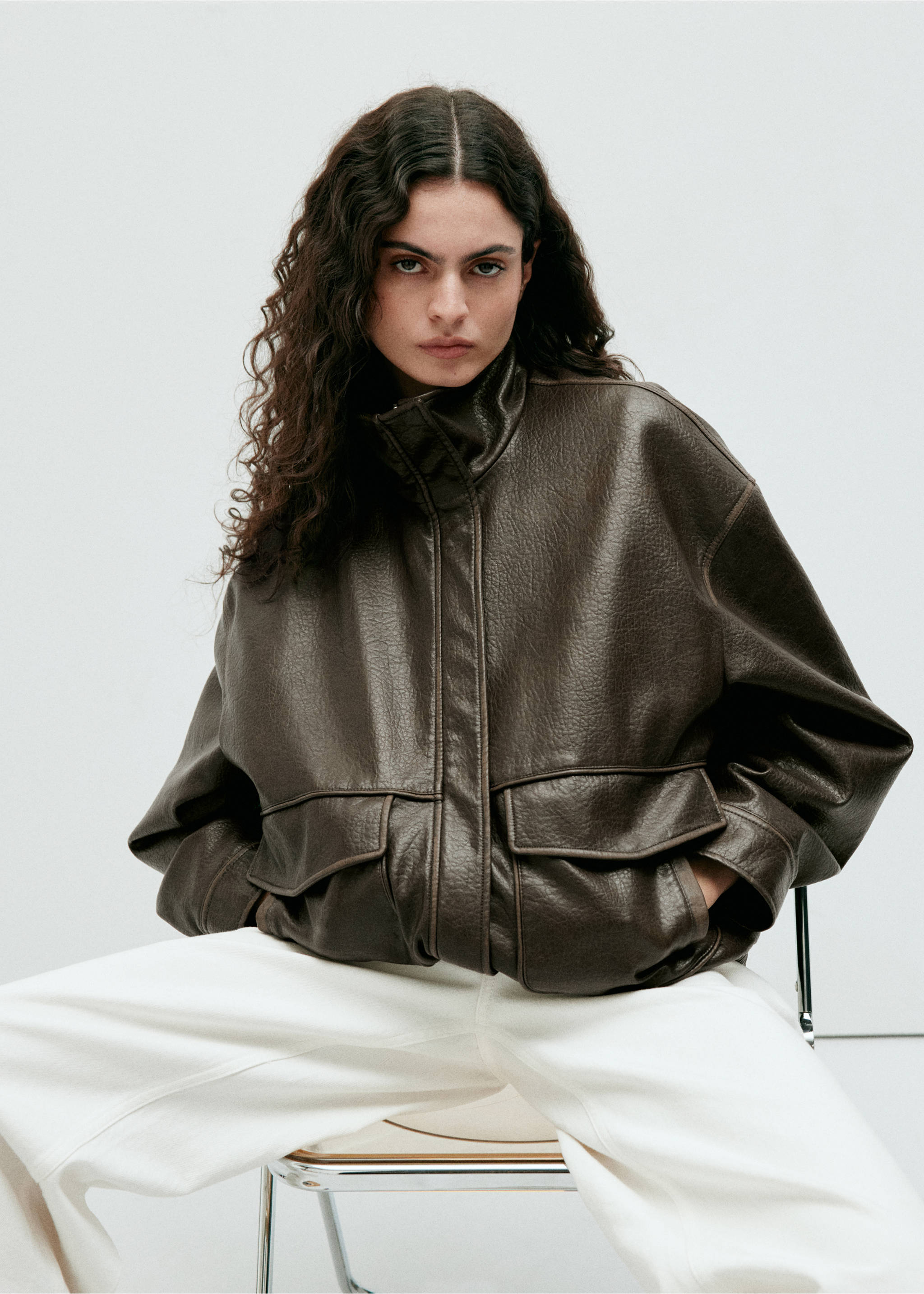 Dark brown oversized faux-leather jacket with a high collar and front flap pockets., Khaki. Ref: 37046742-00.