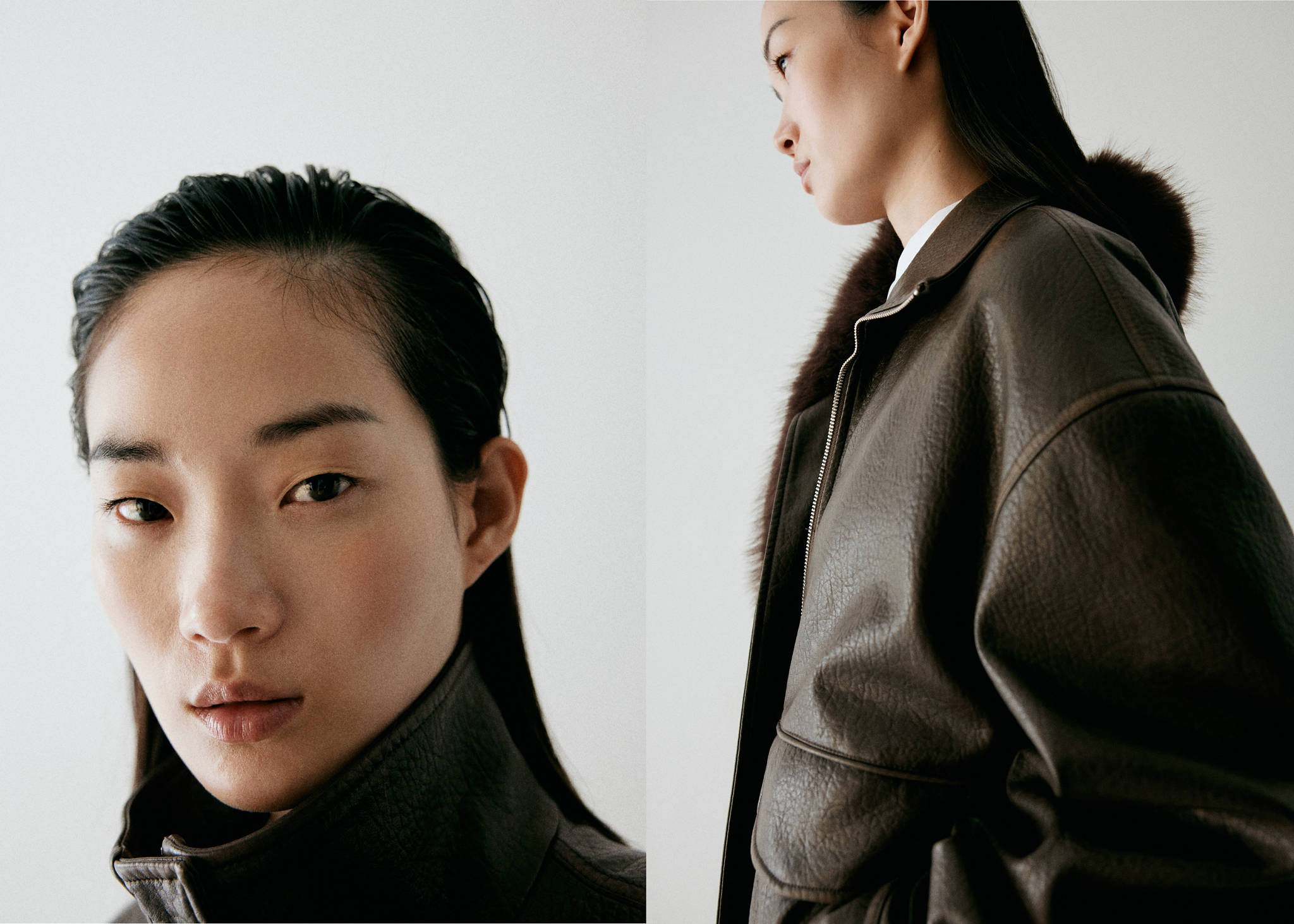 Dark brown jacket with textured finish and plush collar in a close-up view.