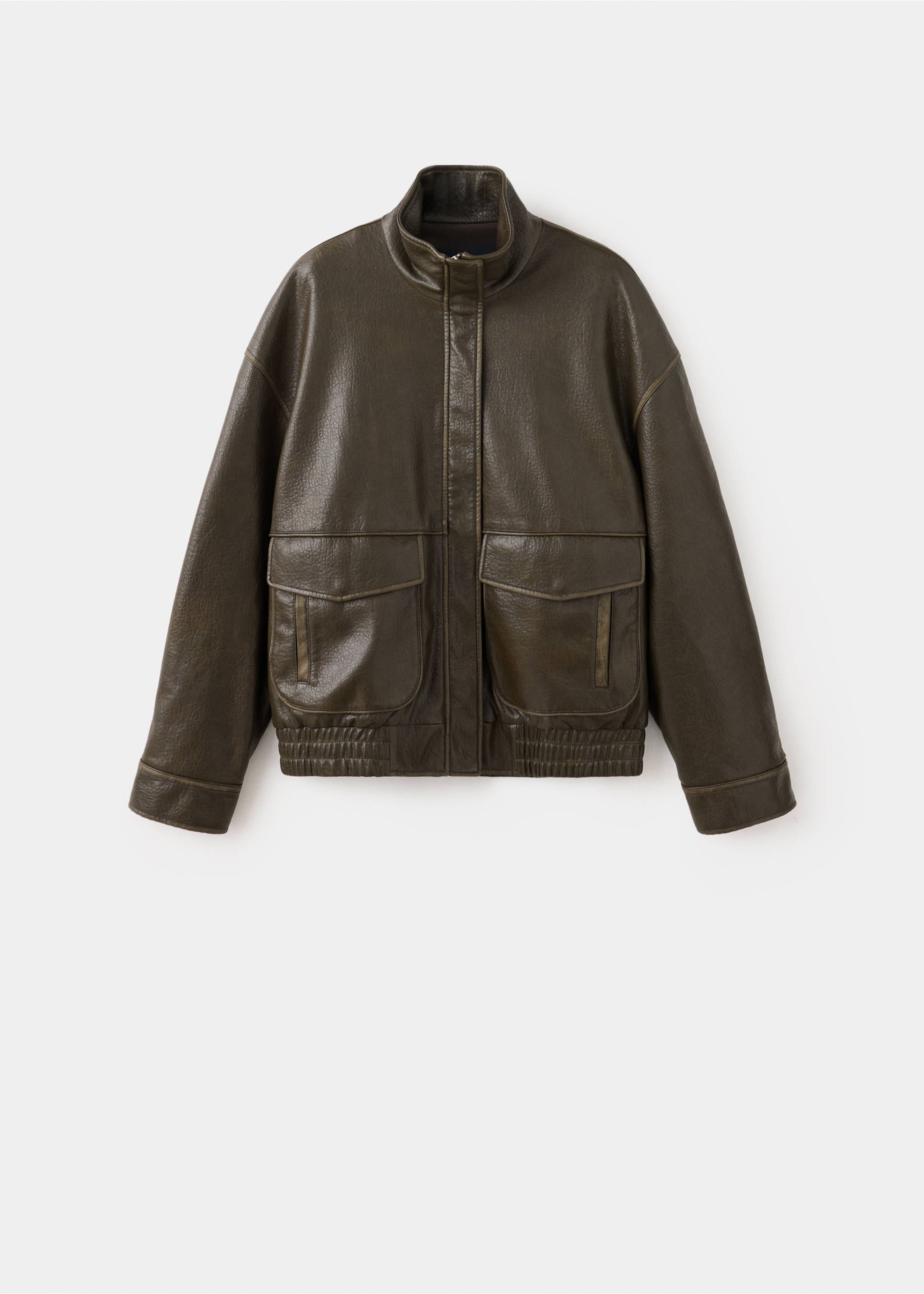 Olive green bomber jacket with a high collar and front flap pockets., Khaki. Ref: 37046742-00.