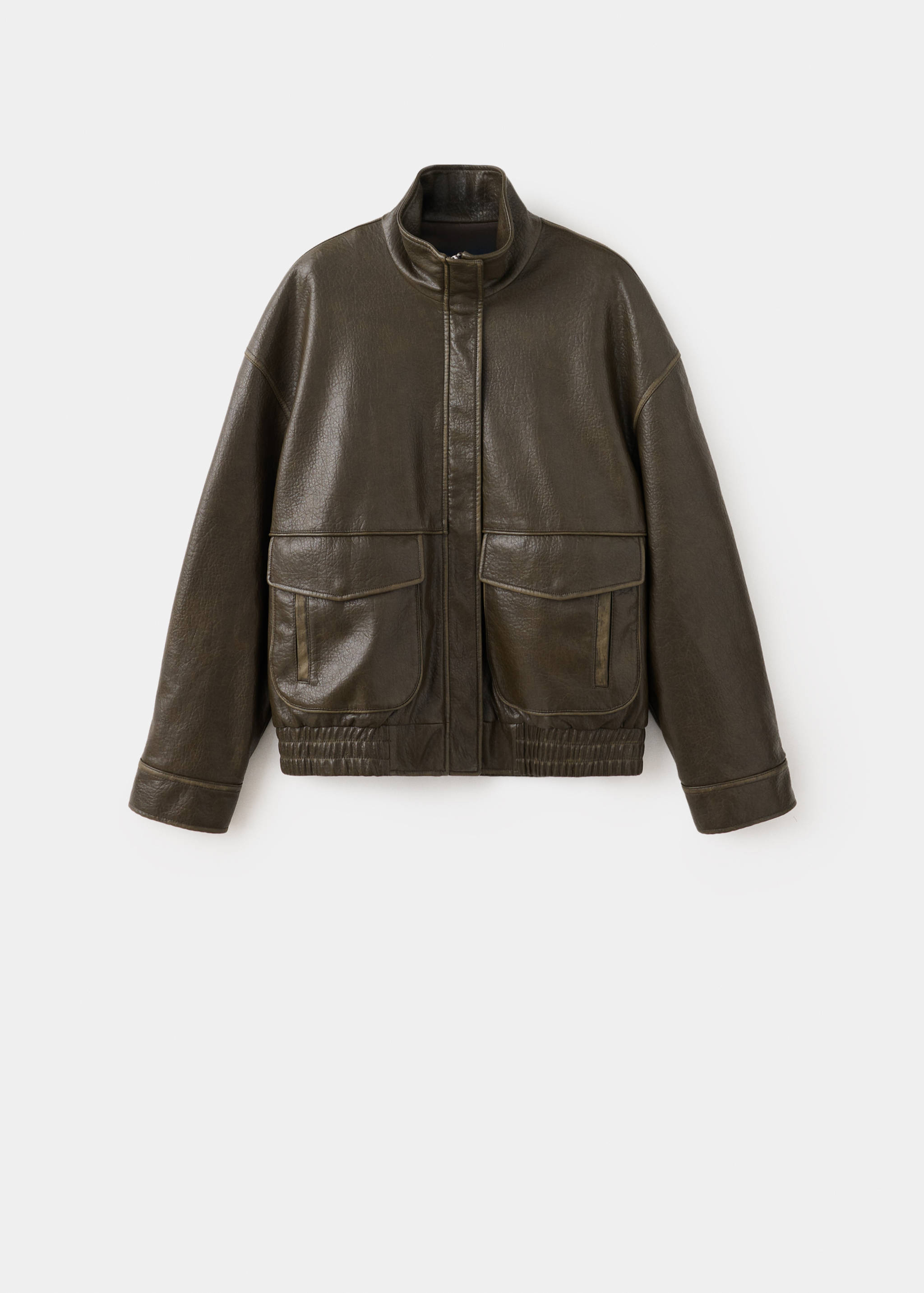 Olive green bomber jacket with a high collar and front flap pockets.