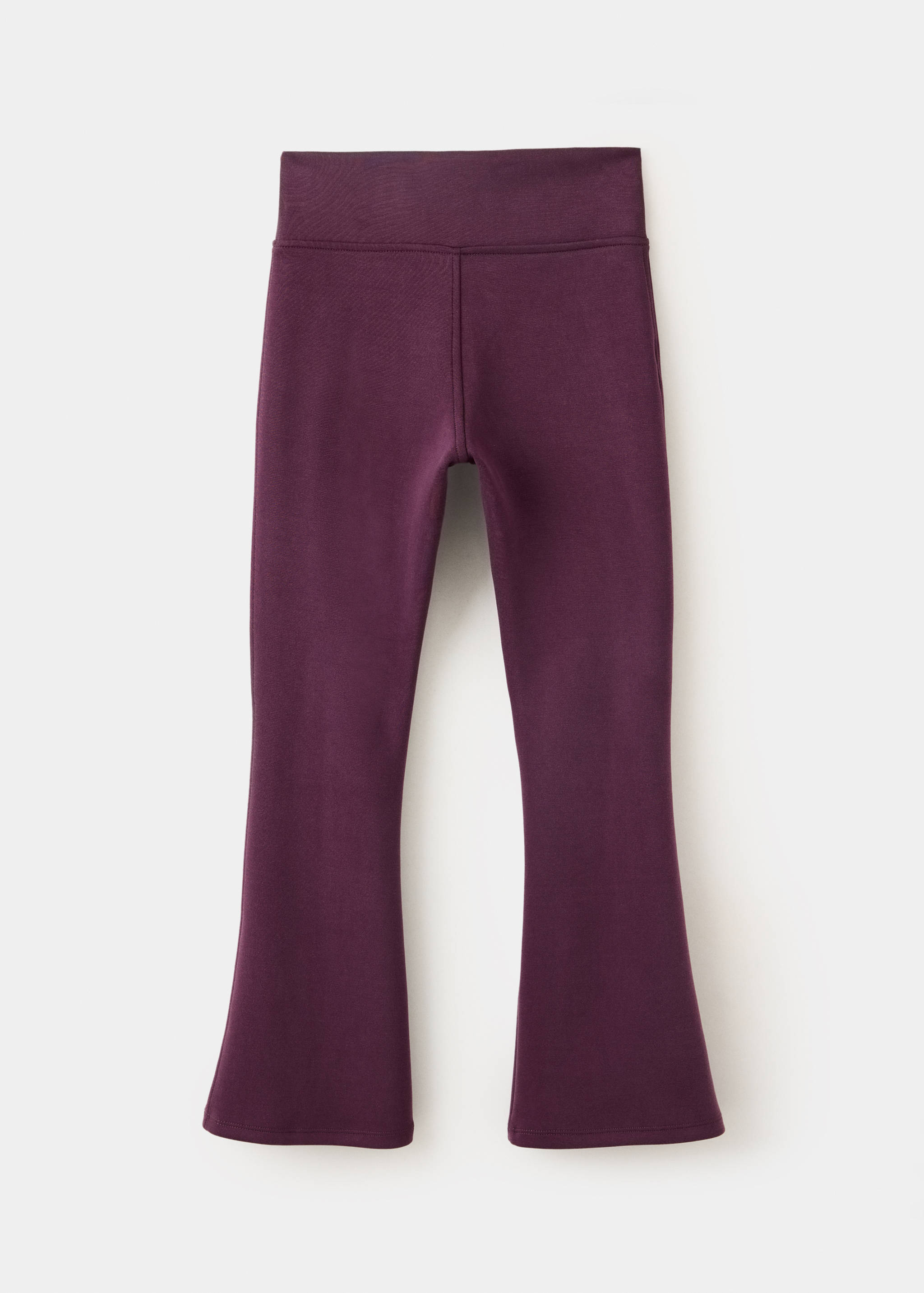 Burgundy leggings in a back still-life view with a high waistband and flared hems.