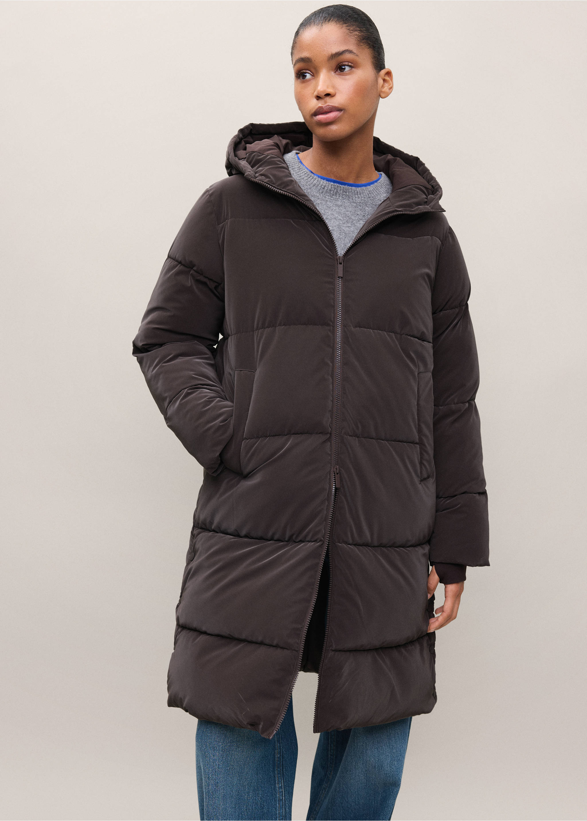 Anorak long capuche amovible - Plan moyen, Marron. Ref: 37047114-00.