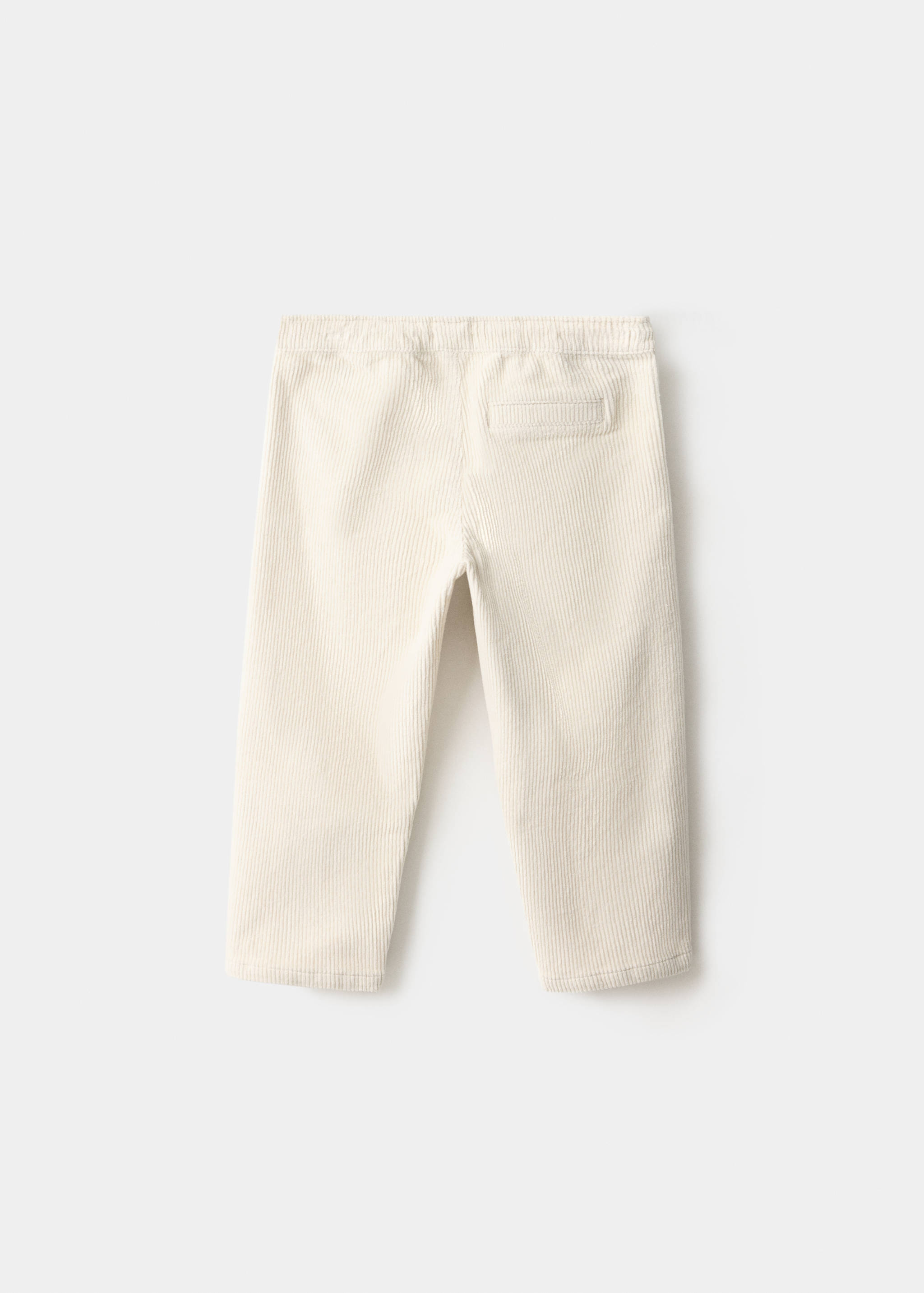 Back view of off-white corduroy trousers with an elastic waistband.