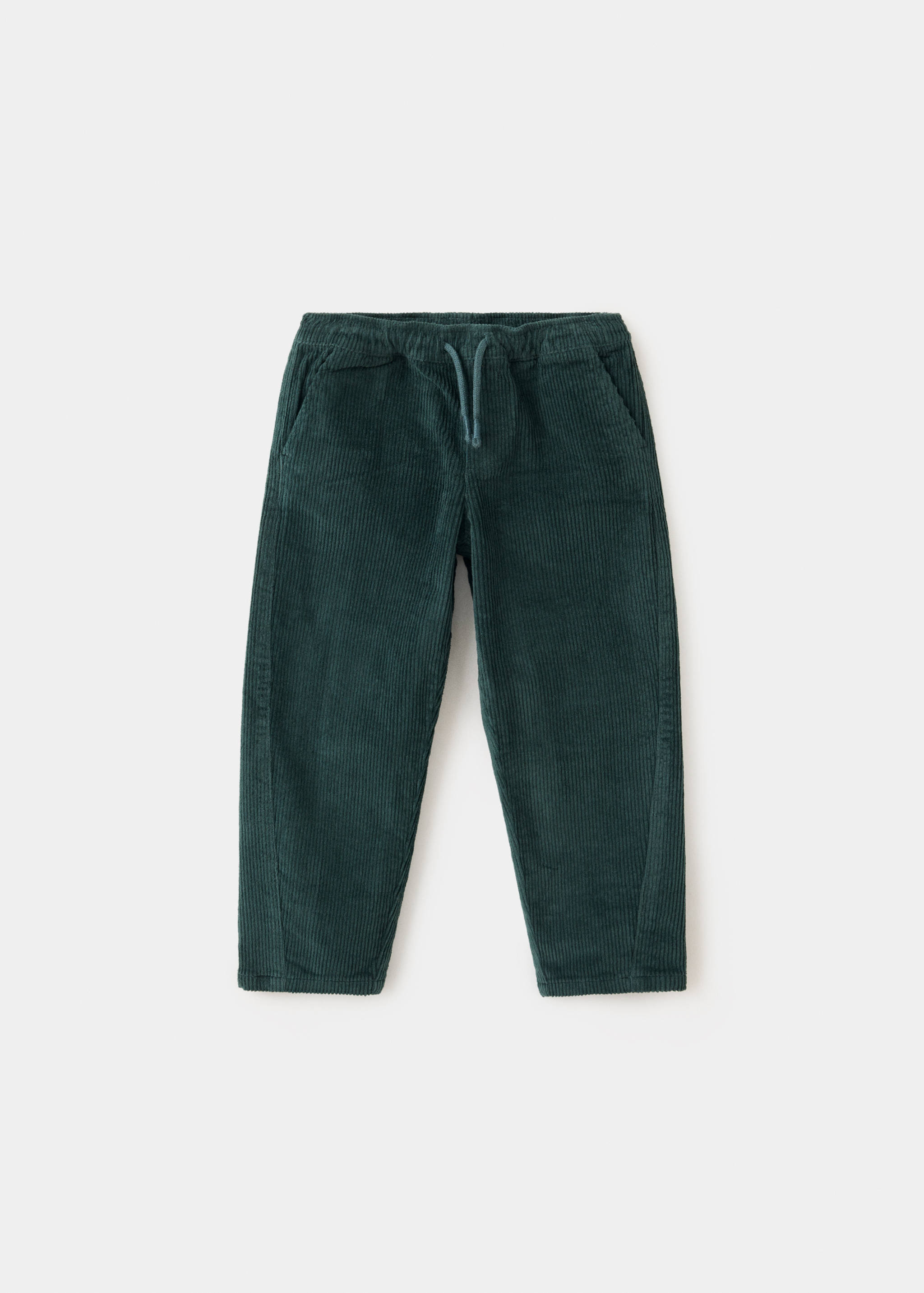 Dark green corduroy trousers with an elasticated waistband.