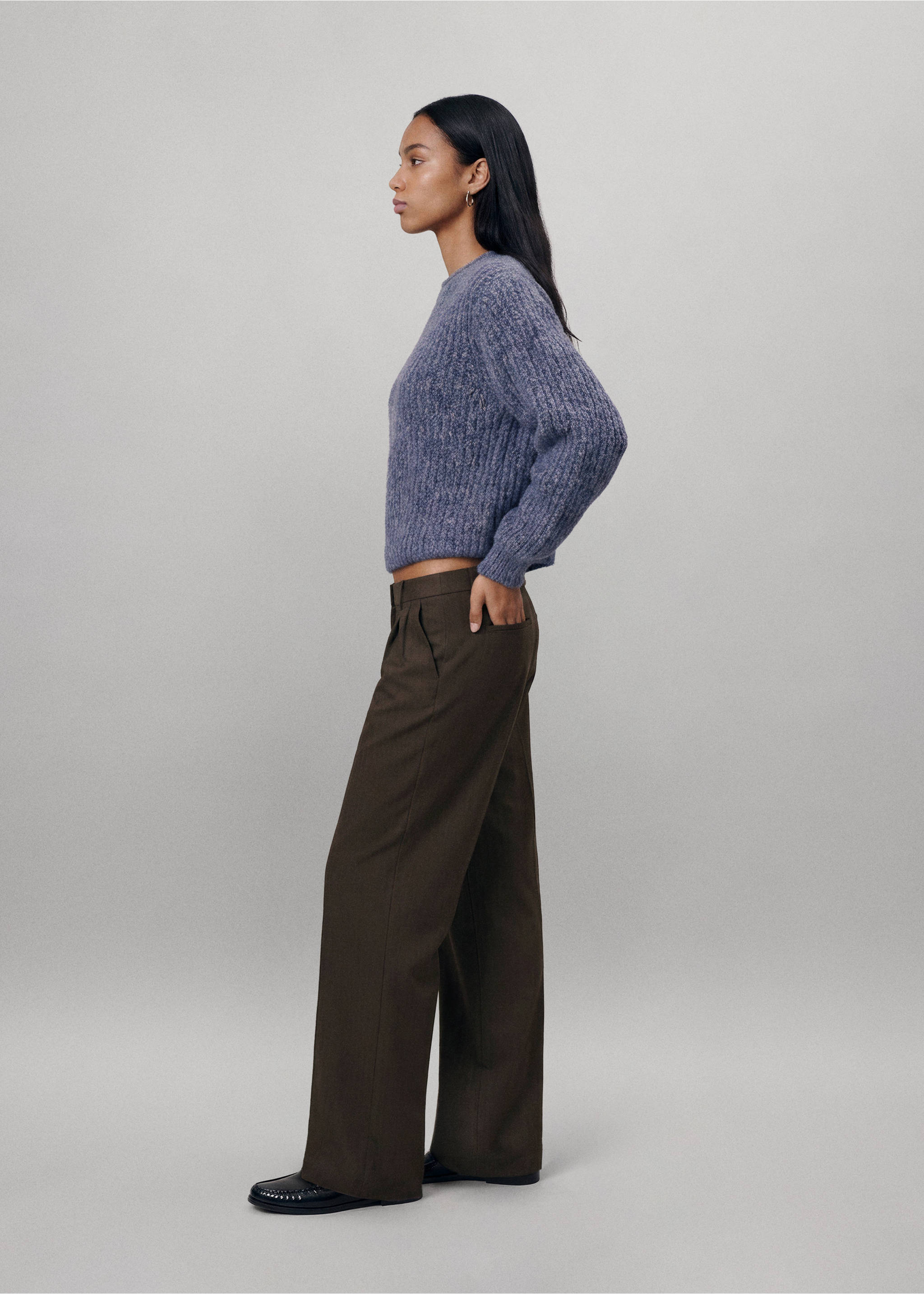 Dark brown straight wide-leg pleated trousers worn with a blue sweater., Brown. Ref: 37047128-00.