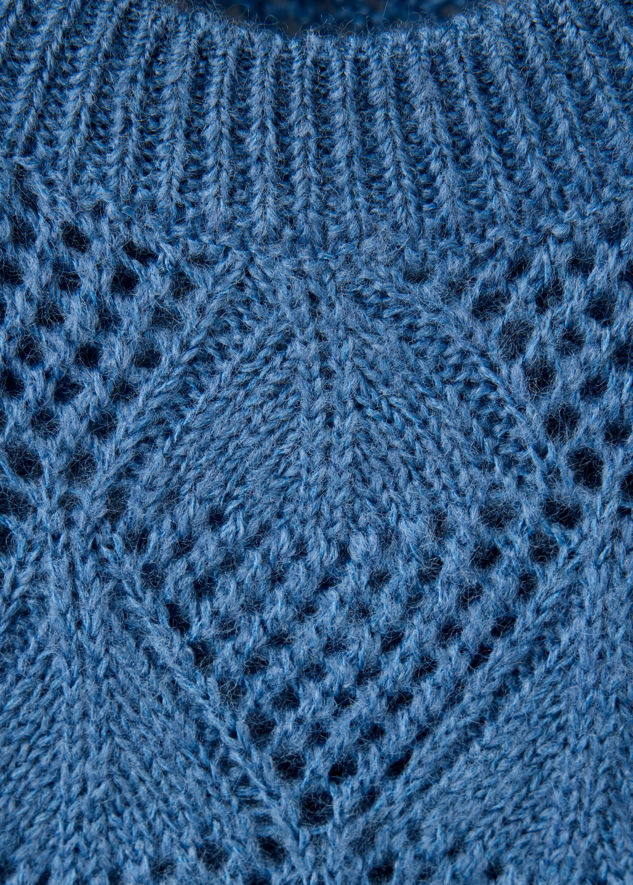 Blue knit jersey sweater close-up showing a ribbed neckline and openwork pattern.