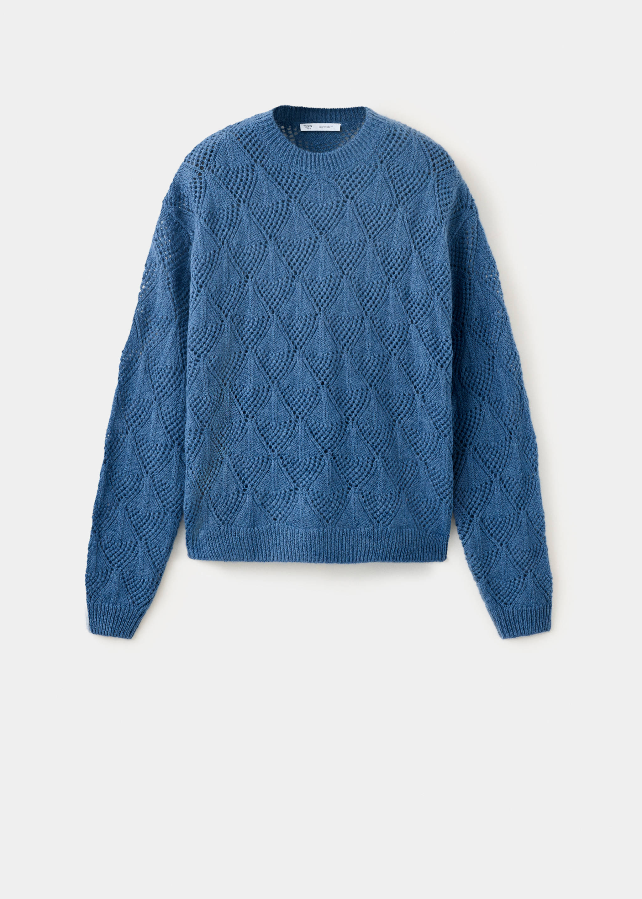 Blue knitted jumper with an openwork diamond pattern and crew neck.
