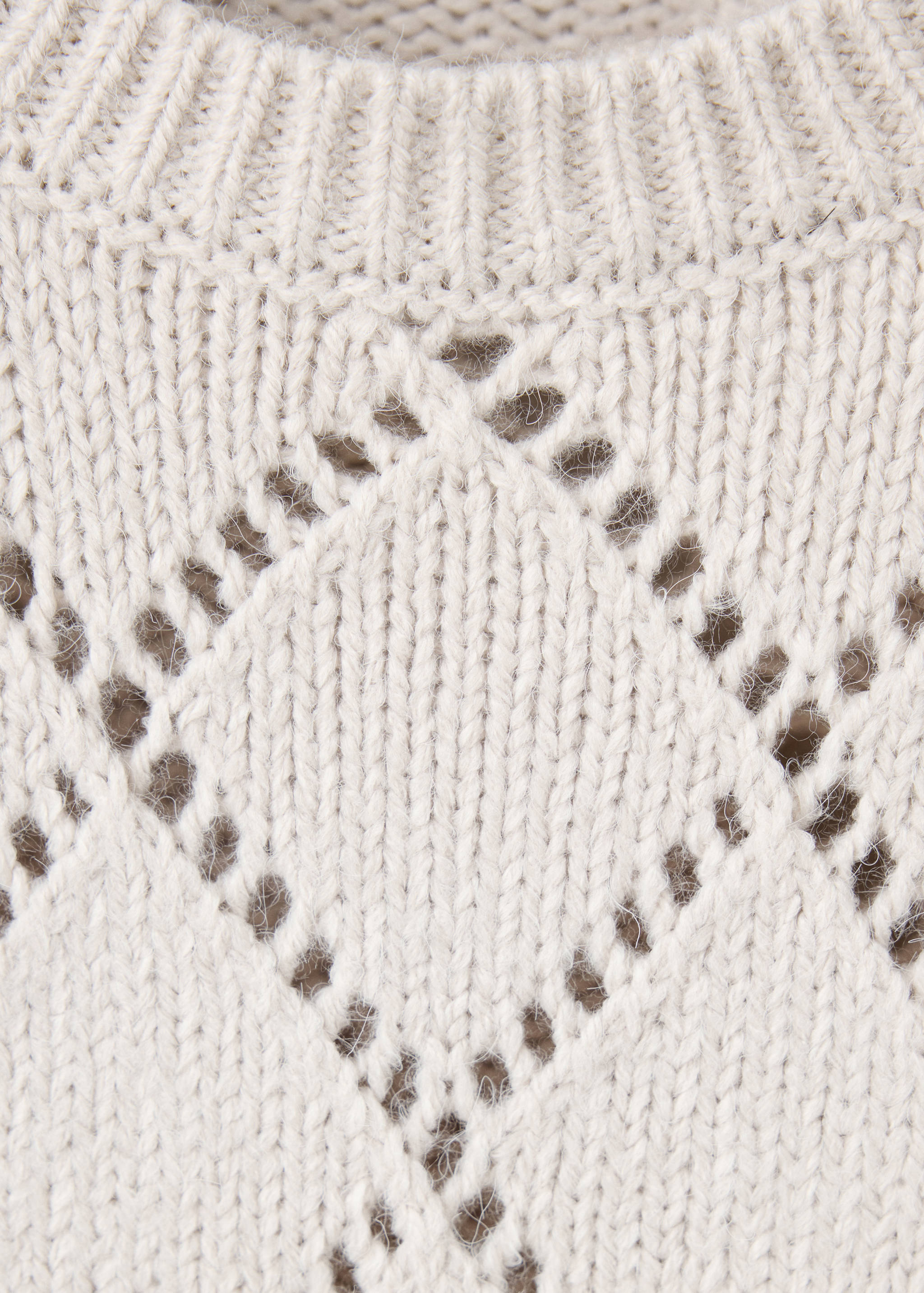 Close-up of a cream knit jumper with an openwork diamond pattern and ribbed round neckline.