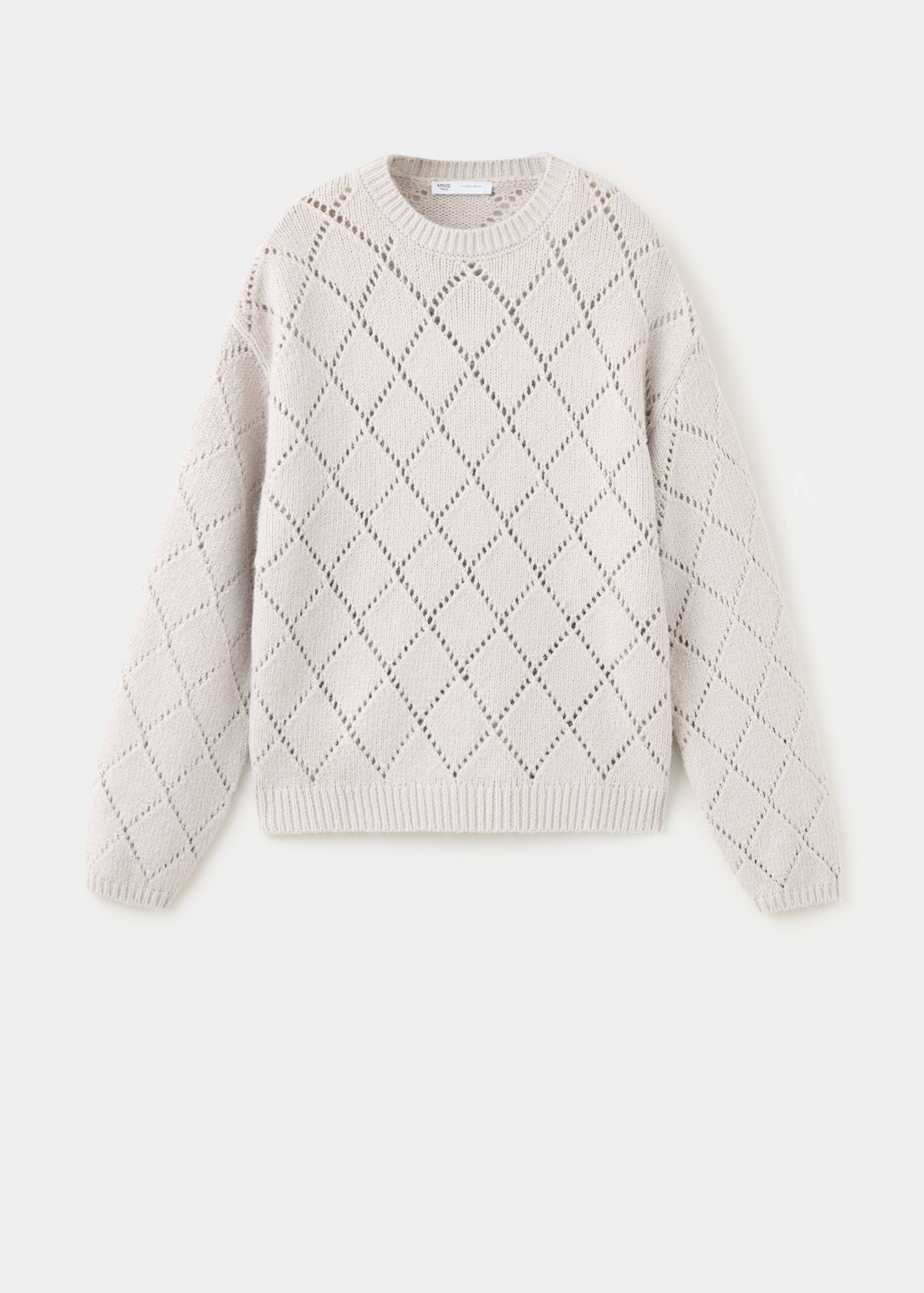 Light beige knit jersey with an openwork diamond lattice pattern and crew neckline.