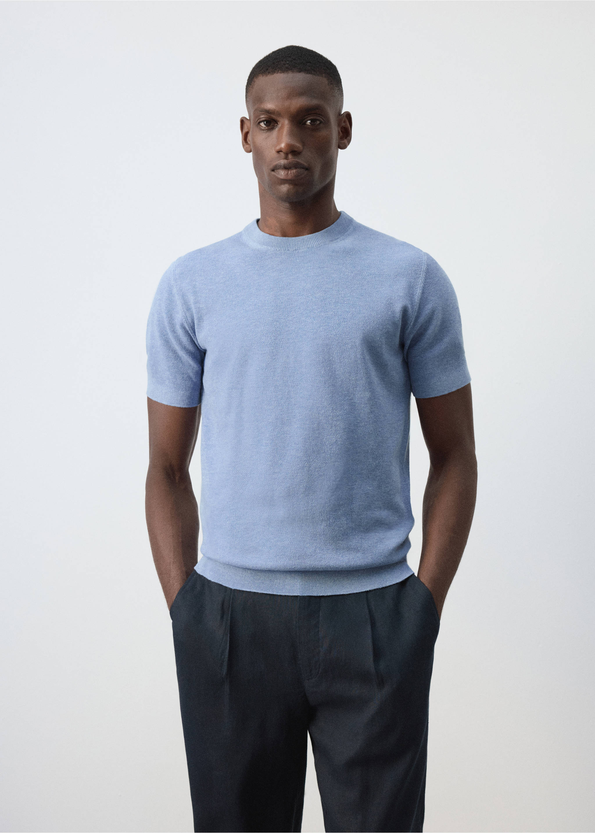Fine-knit T-shirt in cotton blend - Medium plane, Blue. Ref: 37047772-00.