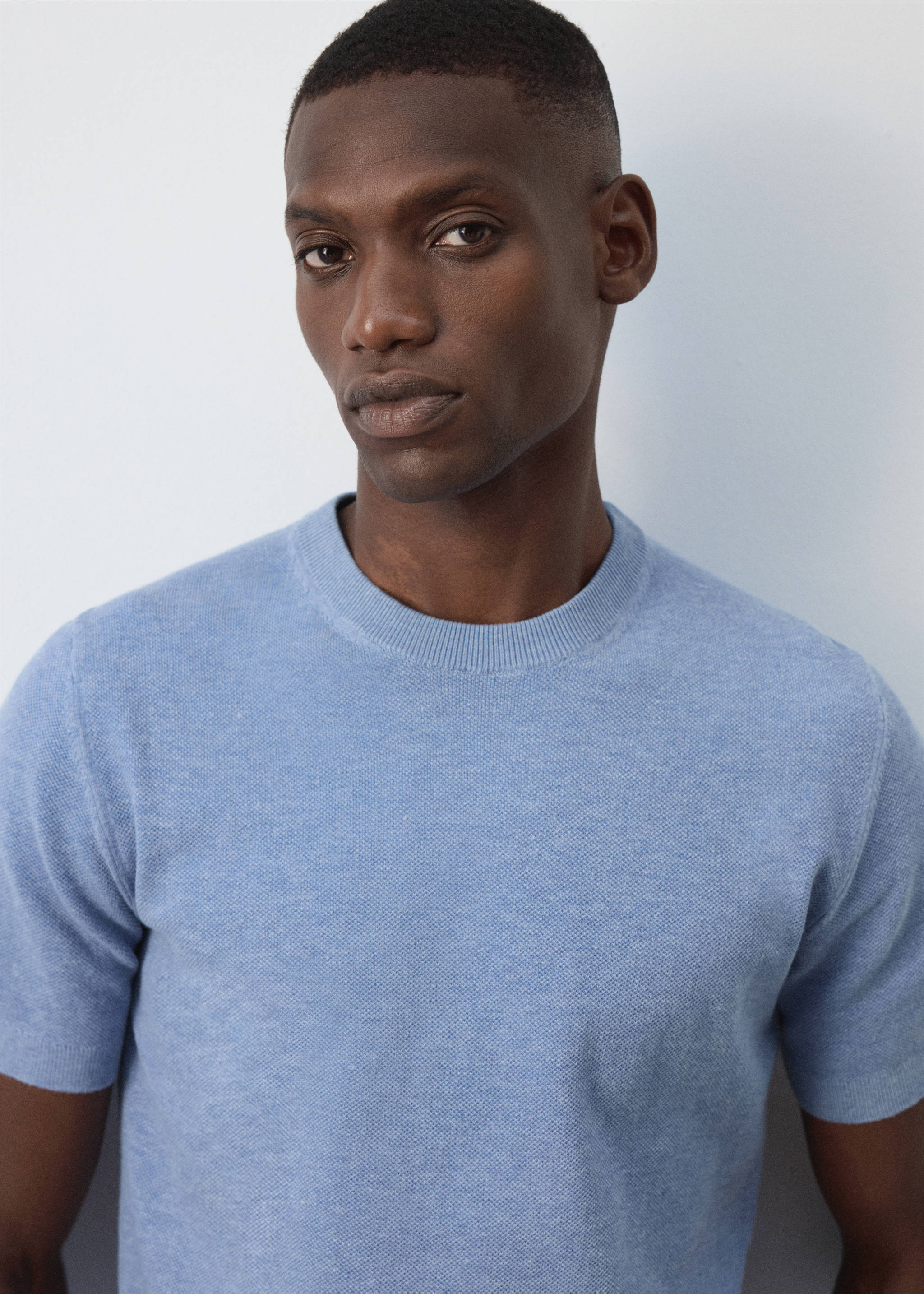 Fine-knit T-shirt in cotton blend - Details of the article 1, Blue. Ref: 37047772-00.