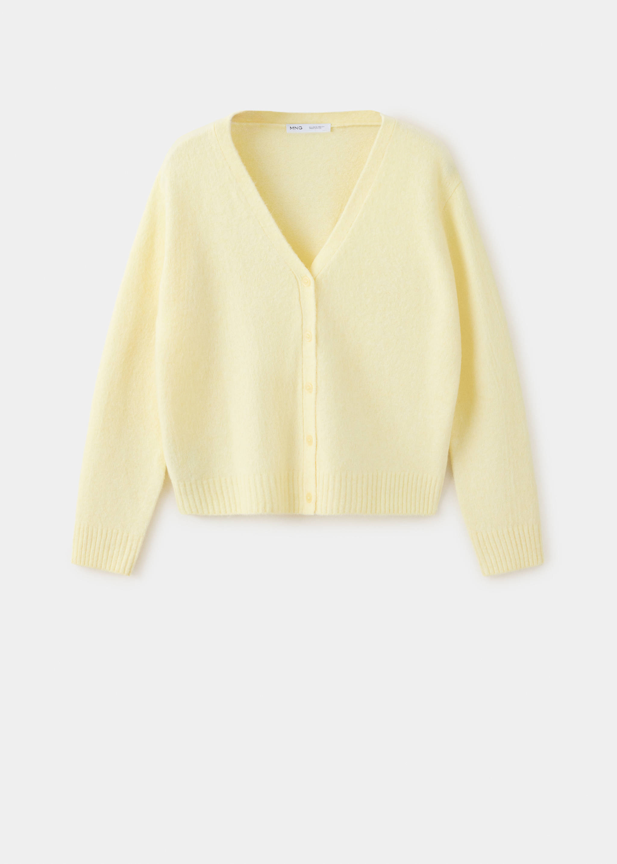 Light yellow V-neck cardigan with button fastening and ribbed trims.